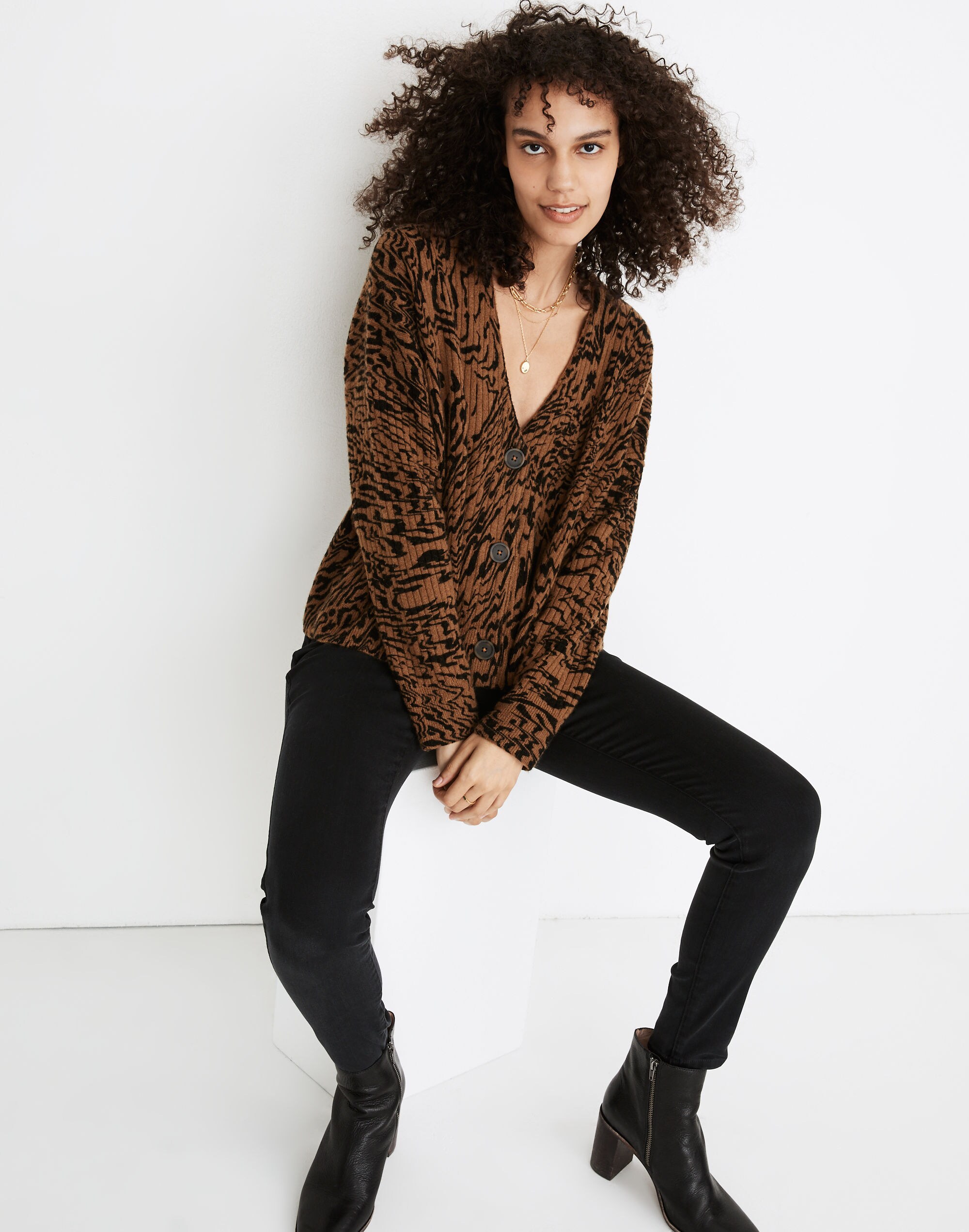 Tigerized Cameron Ribbed Cardigan Sweater in Coziest Yarn