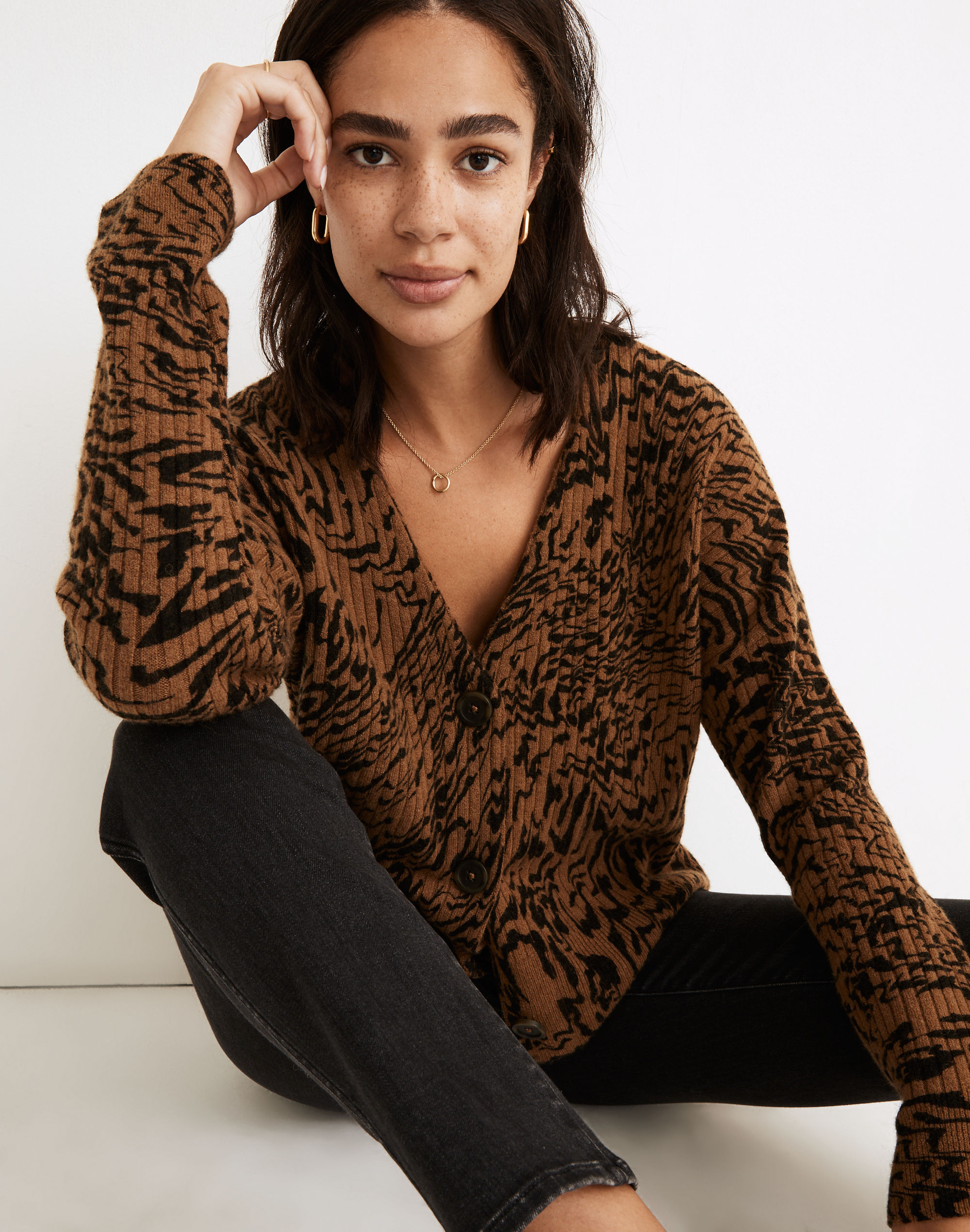 Tigerized Cameron Ribbed Cardigan Sweater in Coziest Yarn