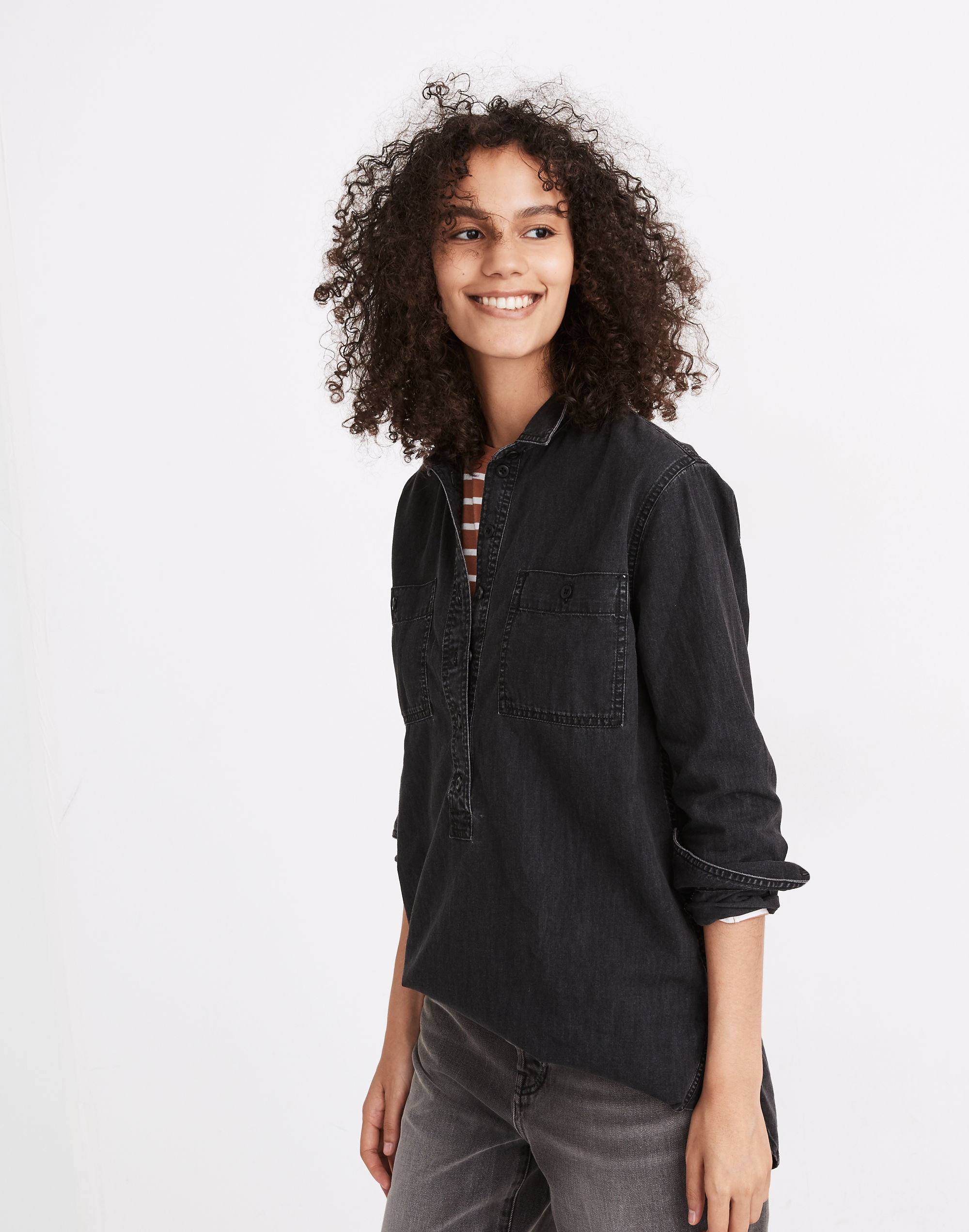 Denim Popover Top in Black Wash