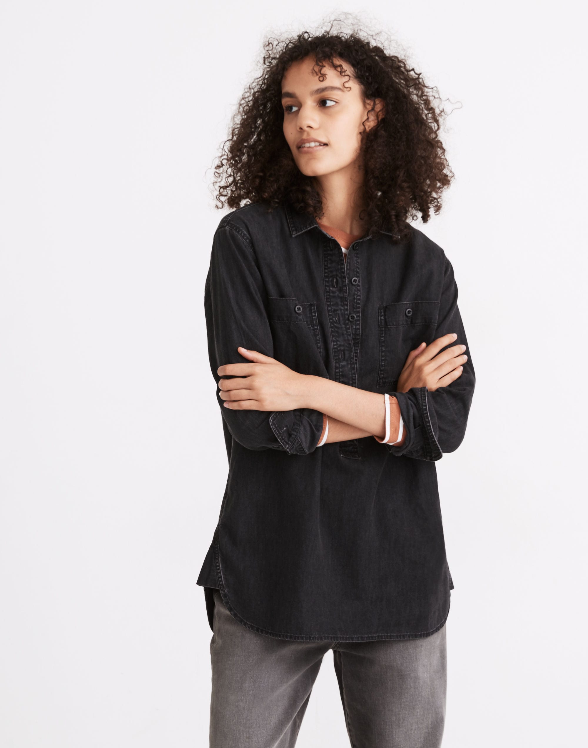Denim Popover Top in Black Wash
