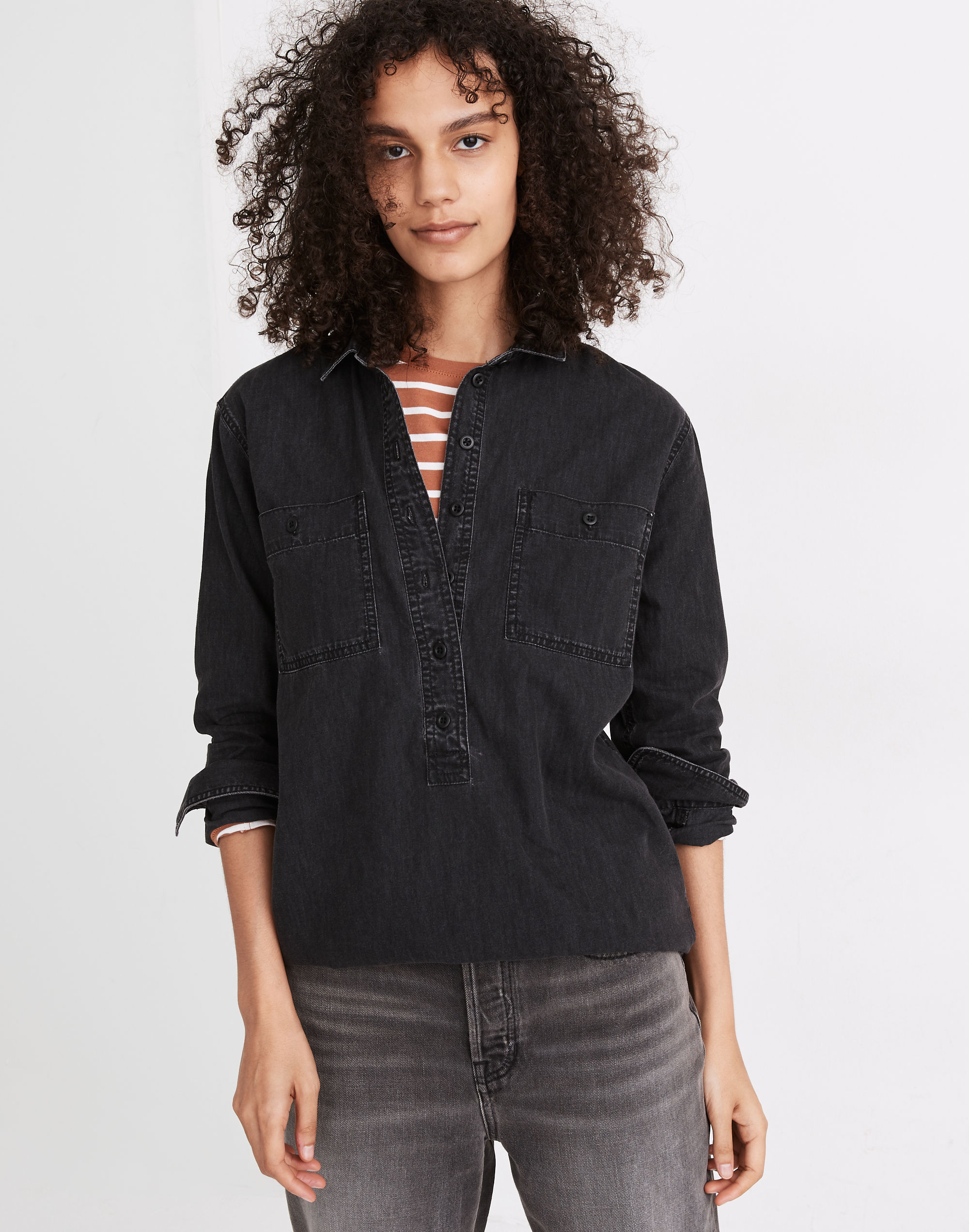 Denim Popover Top in Black Wash
