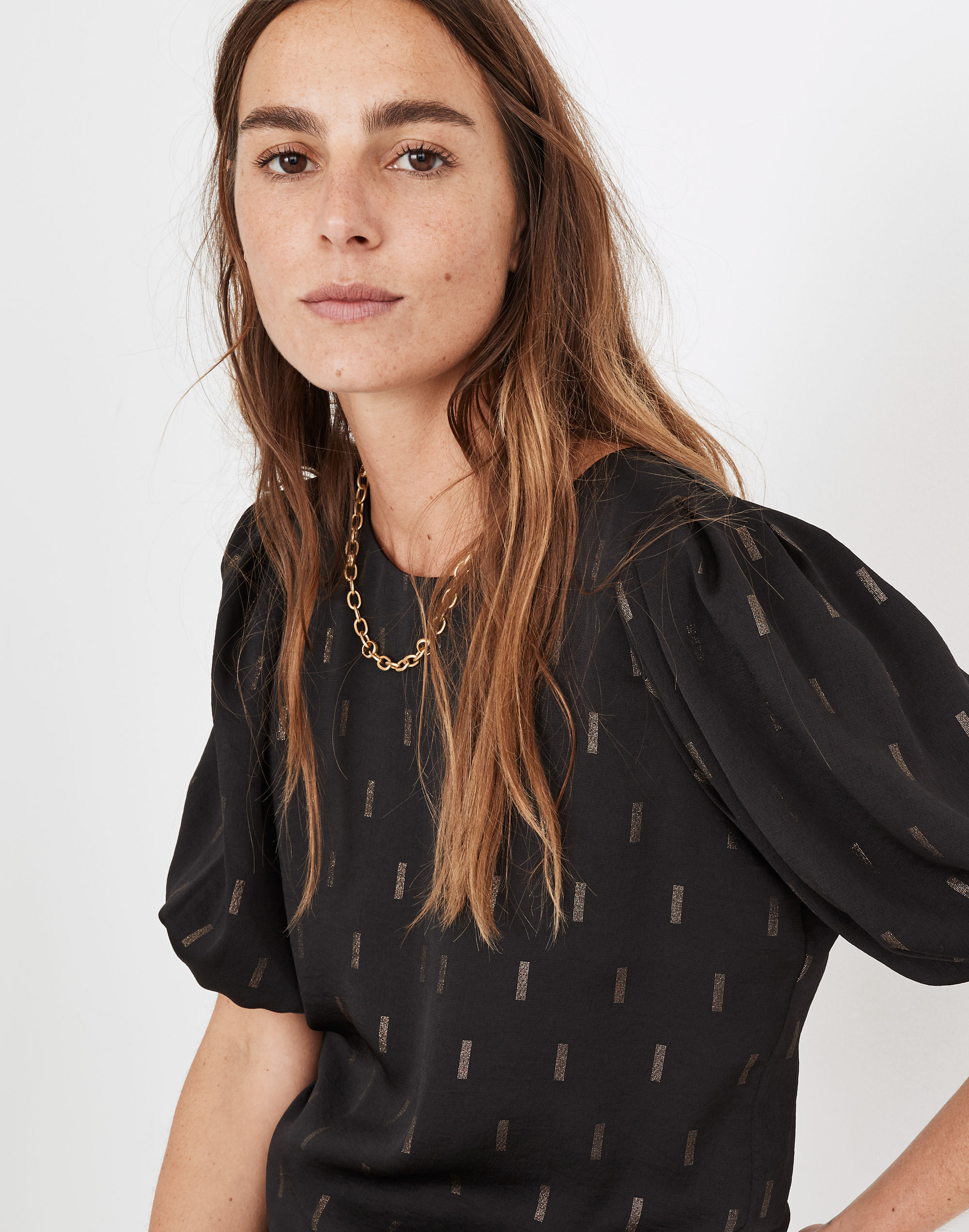 Metallic Jacquard Puff-Sleeve Top