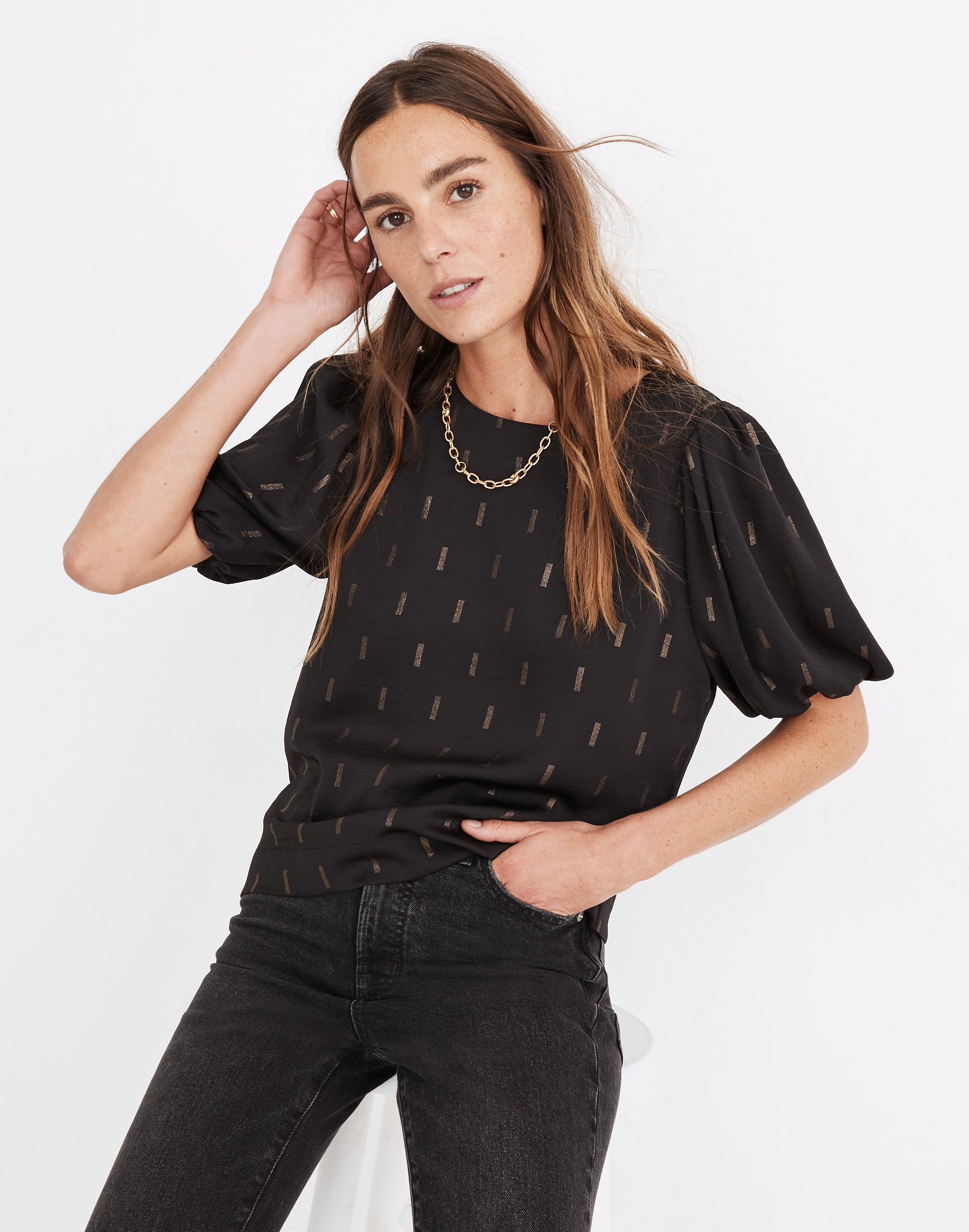 metallic jacquard puff-sleeve top