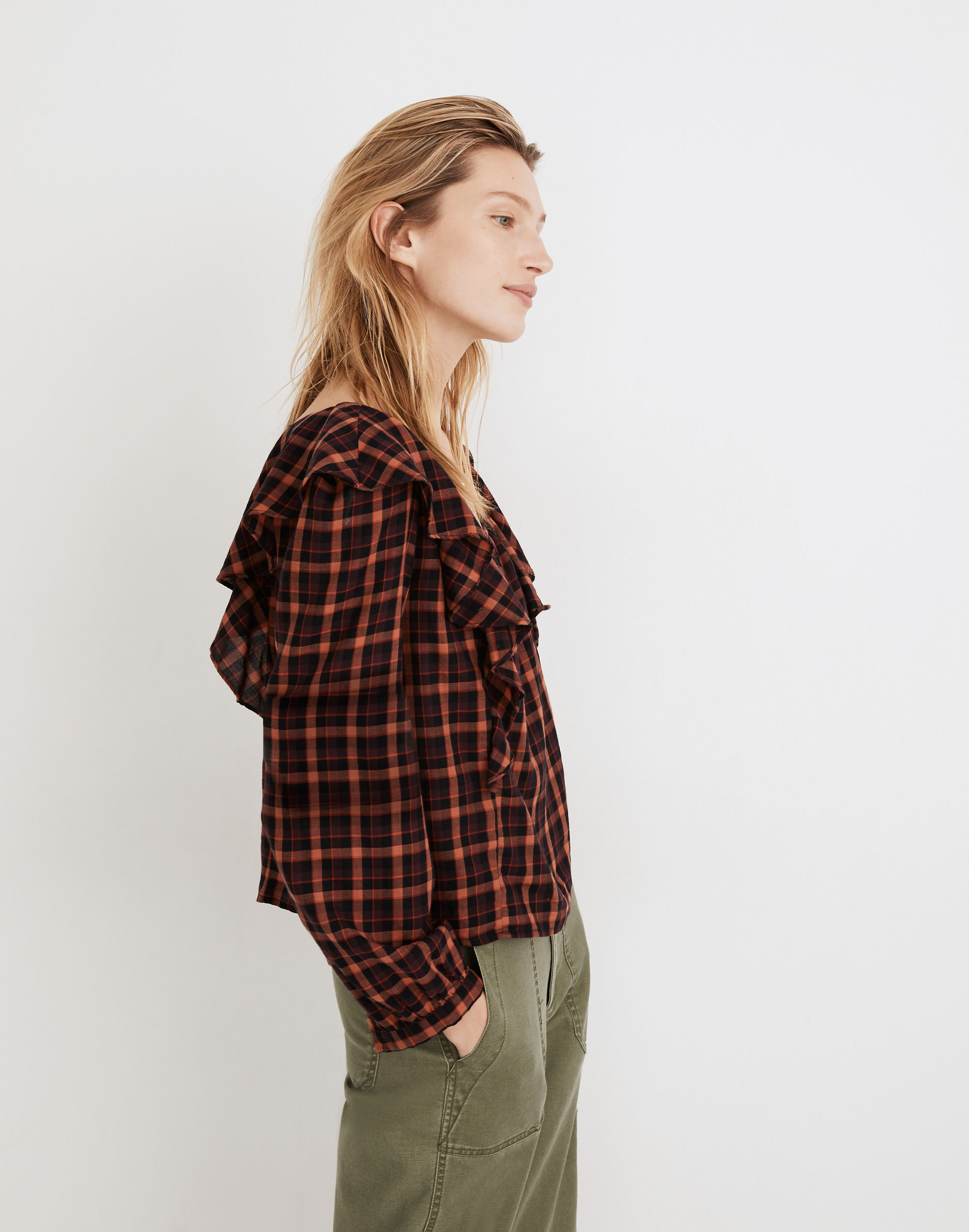 Plaid Ruffled Square-Neck Crop Top