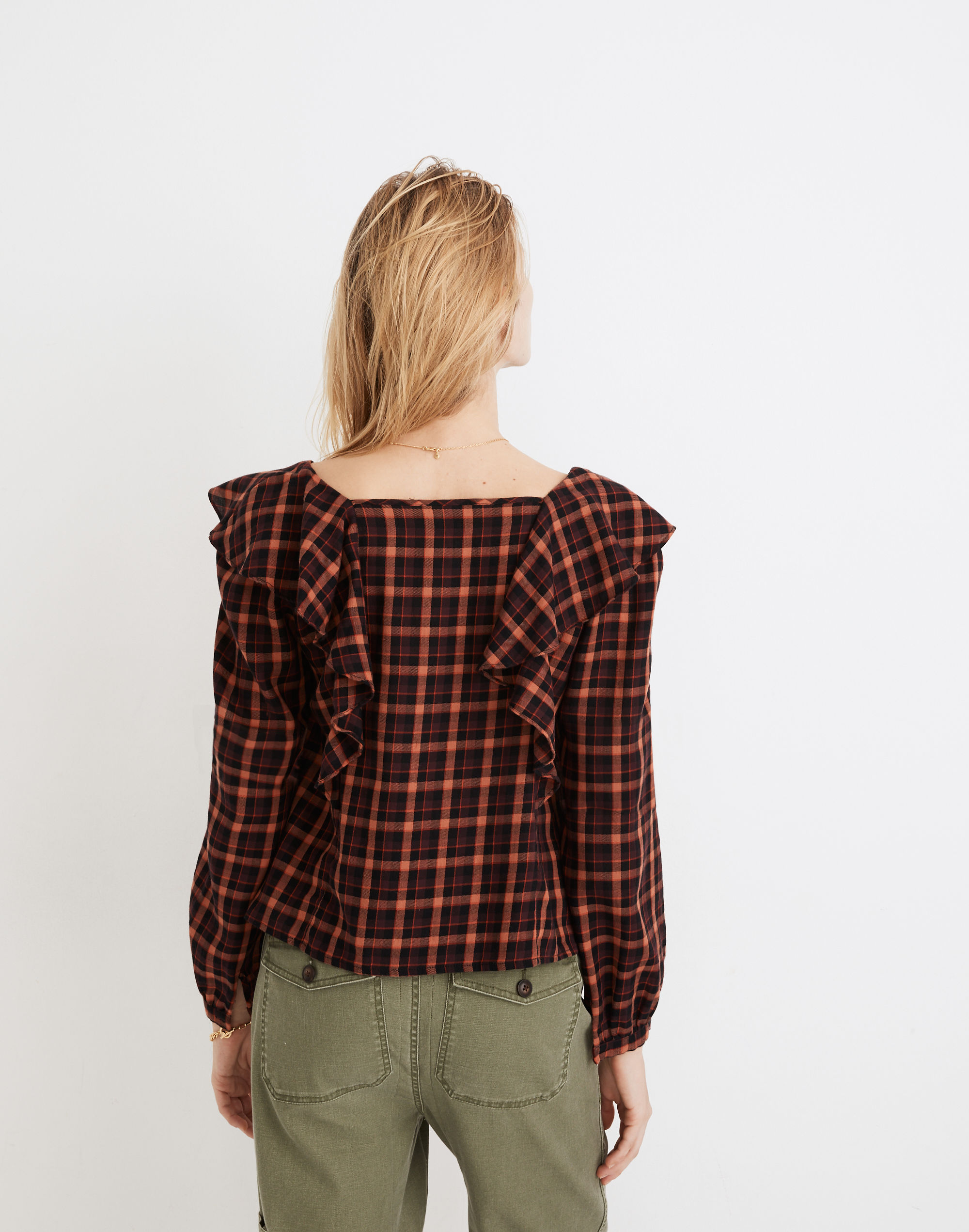 Plaid Ruffled Square-Neck Crop Top