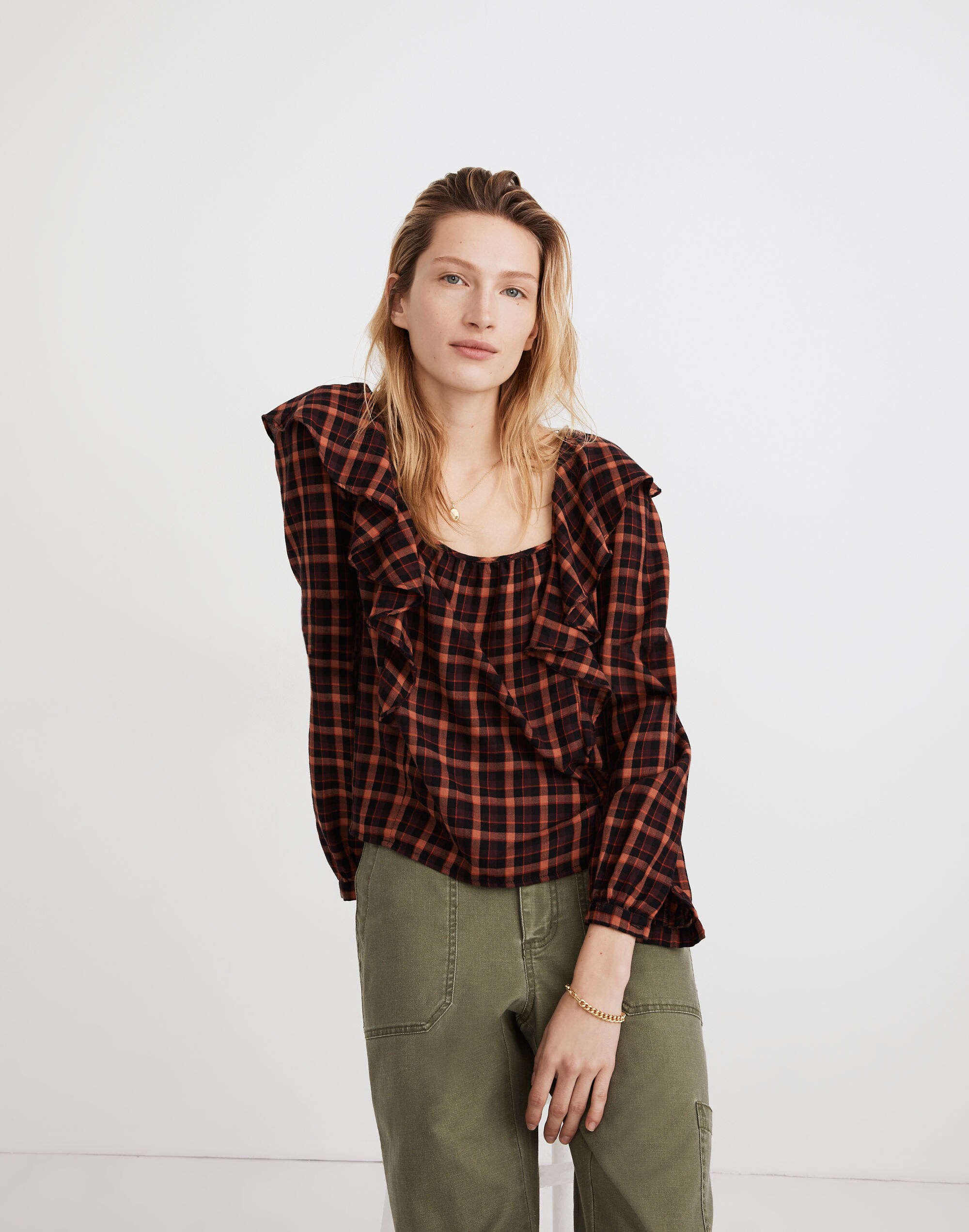 plaid ruffled square-neck crop top
