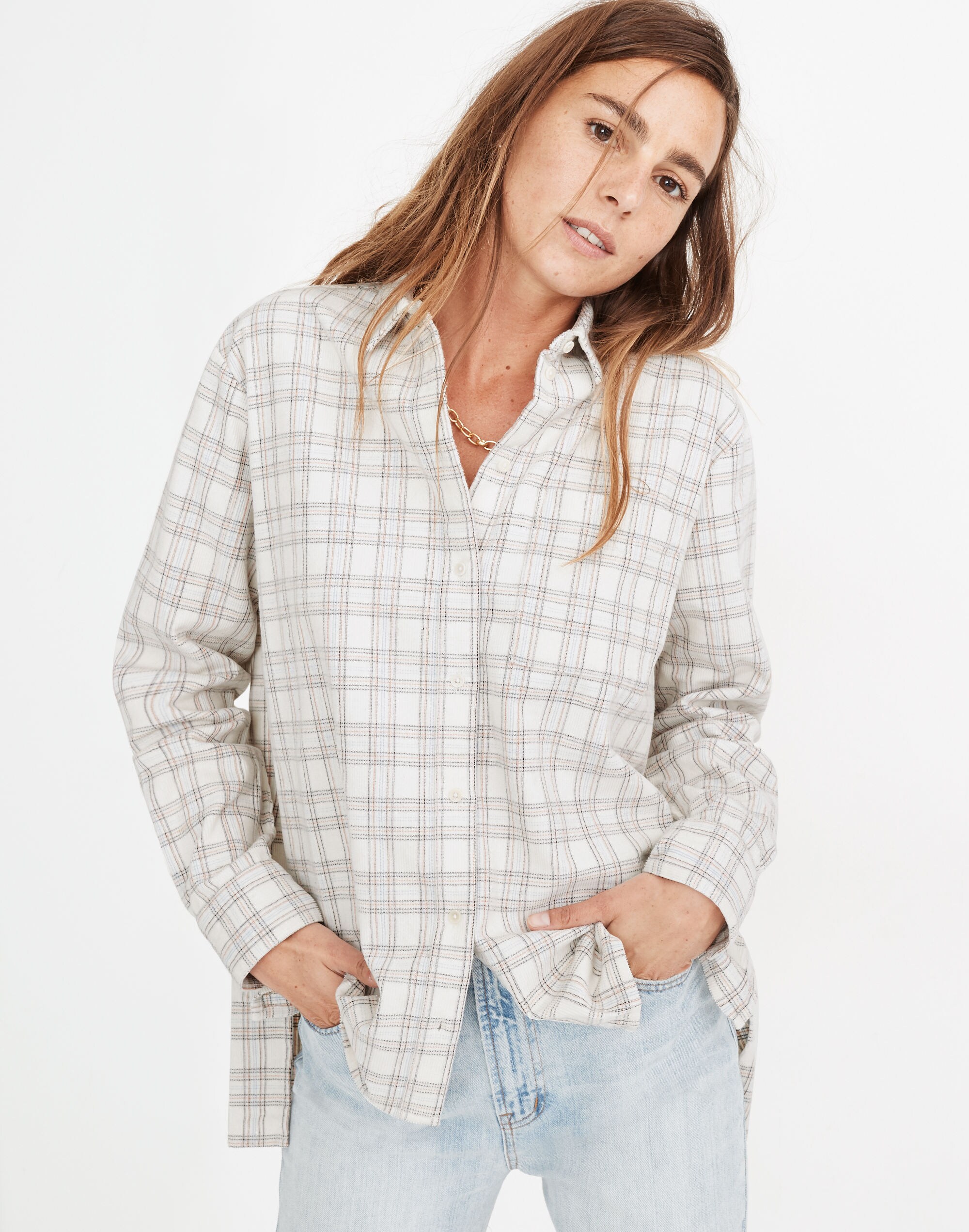 Corduroy Oversized Ex-Boyfriend Shirt in Lombard Plaid