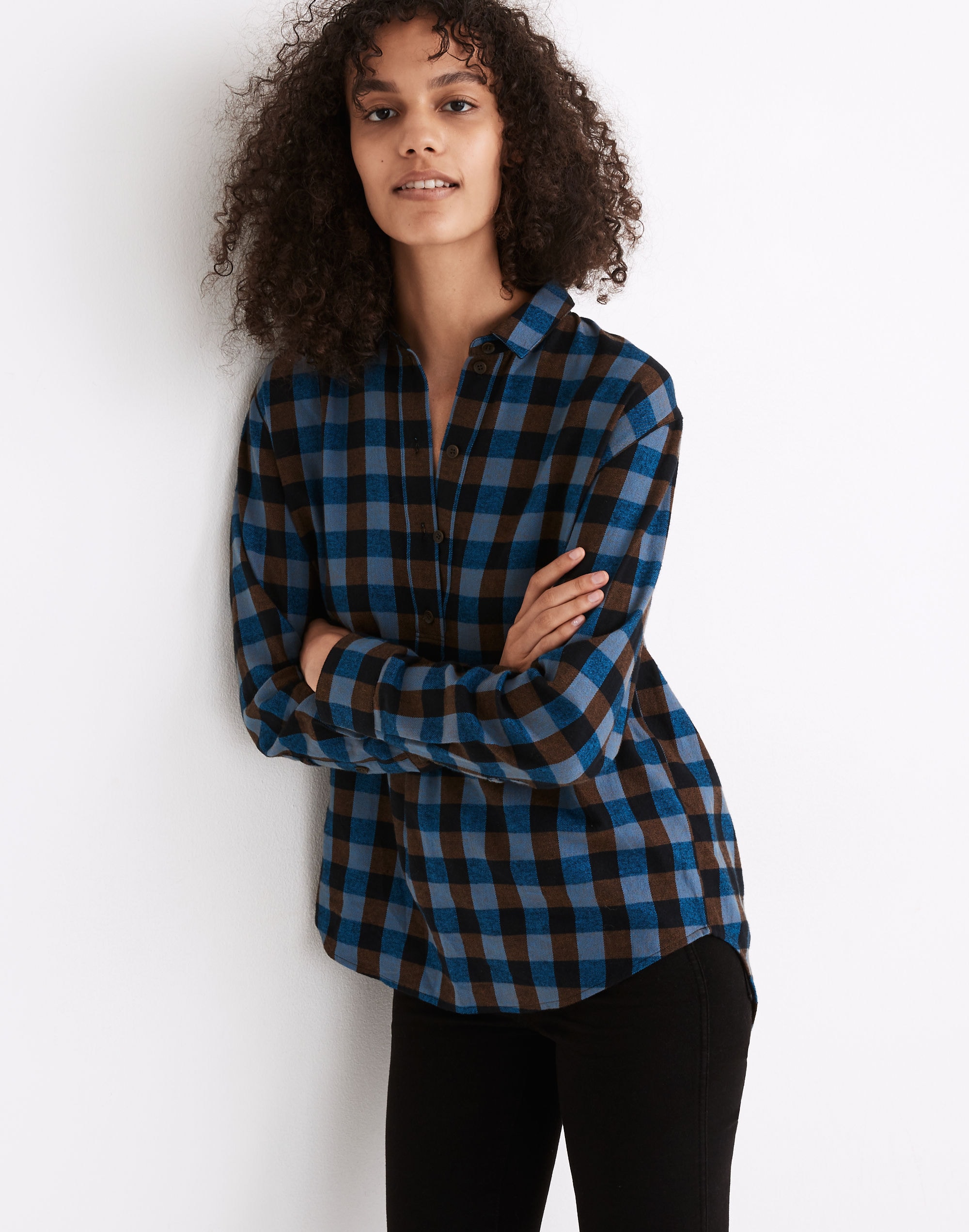 Flannel Drop-Shoulder Popover Top in Buffalo Check