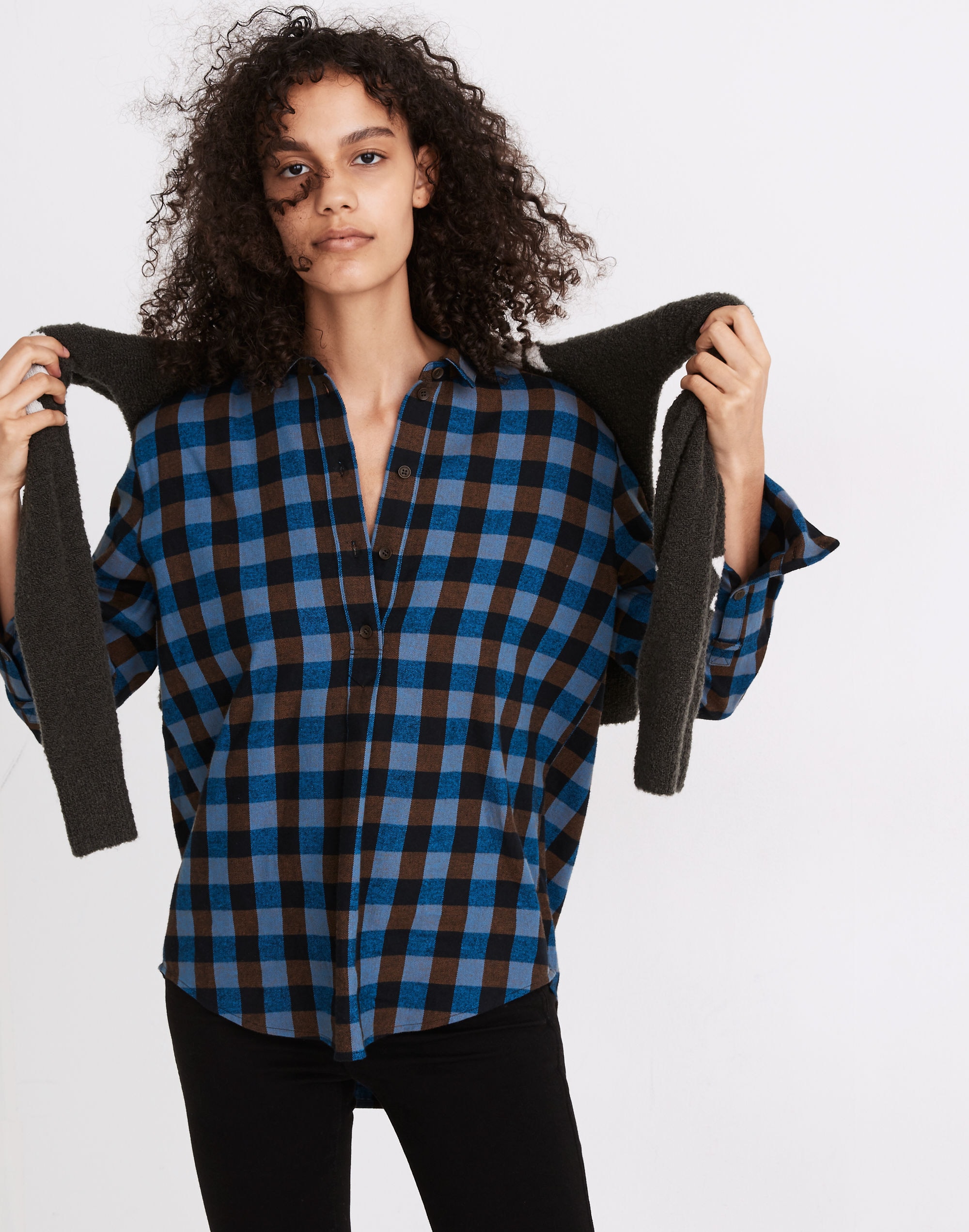 Flannel Drop-Shoulder Popover Top in Buffalo Check