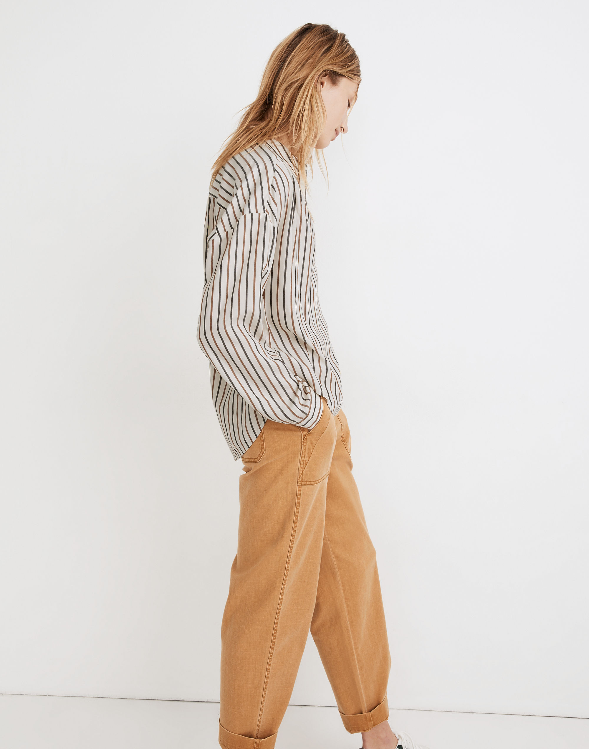 Shirred Button-Up Shirt in Stripe