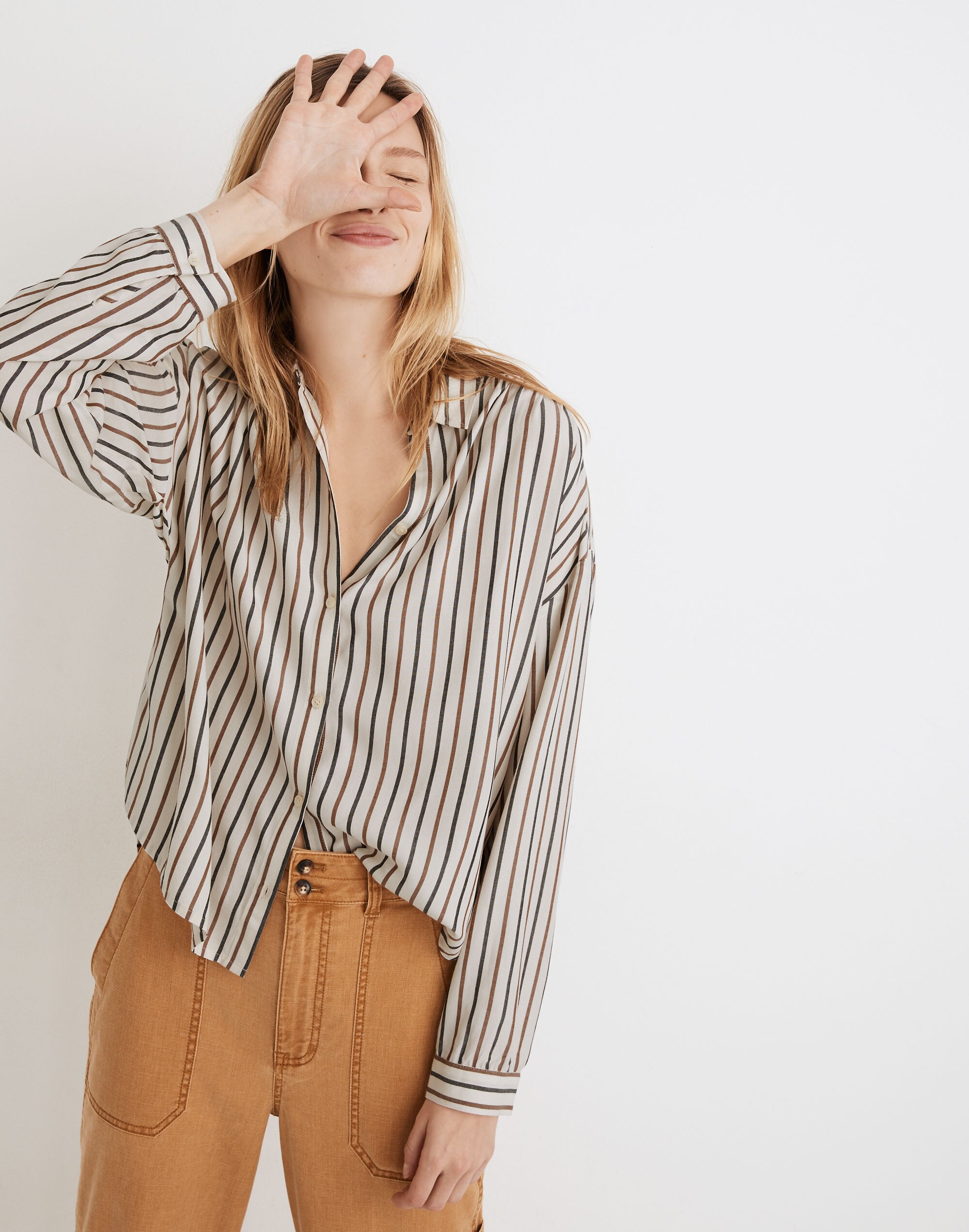 Shirred Button-Up Shirt in Stripe