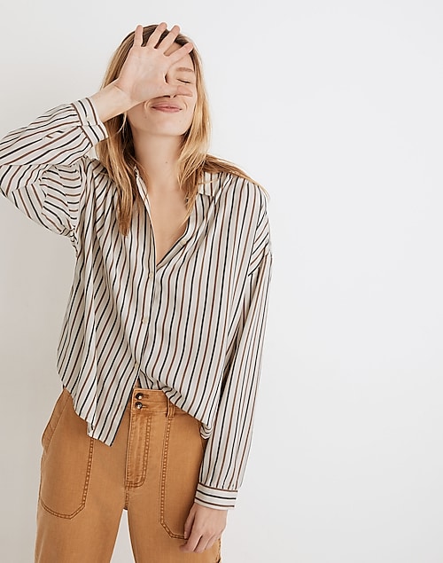 Shirred Button-Up Shirt in Stripe