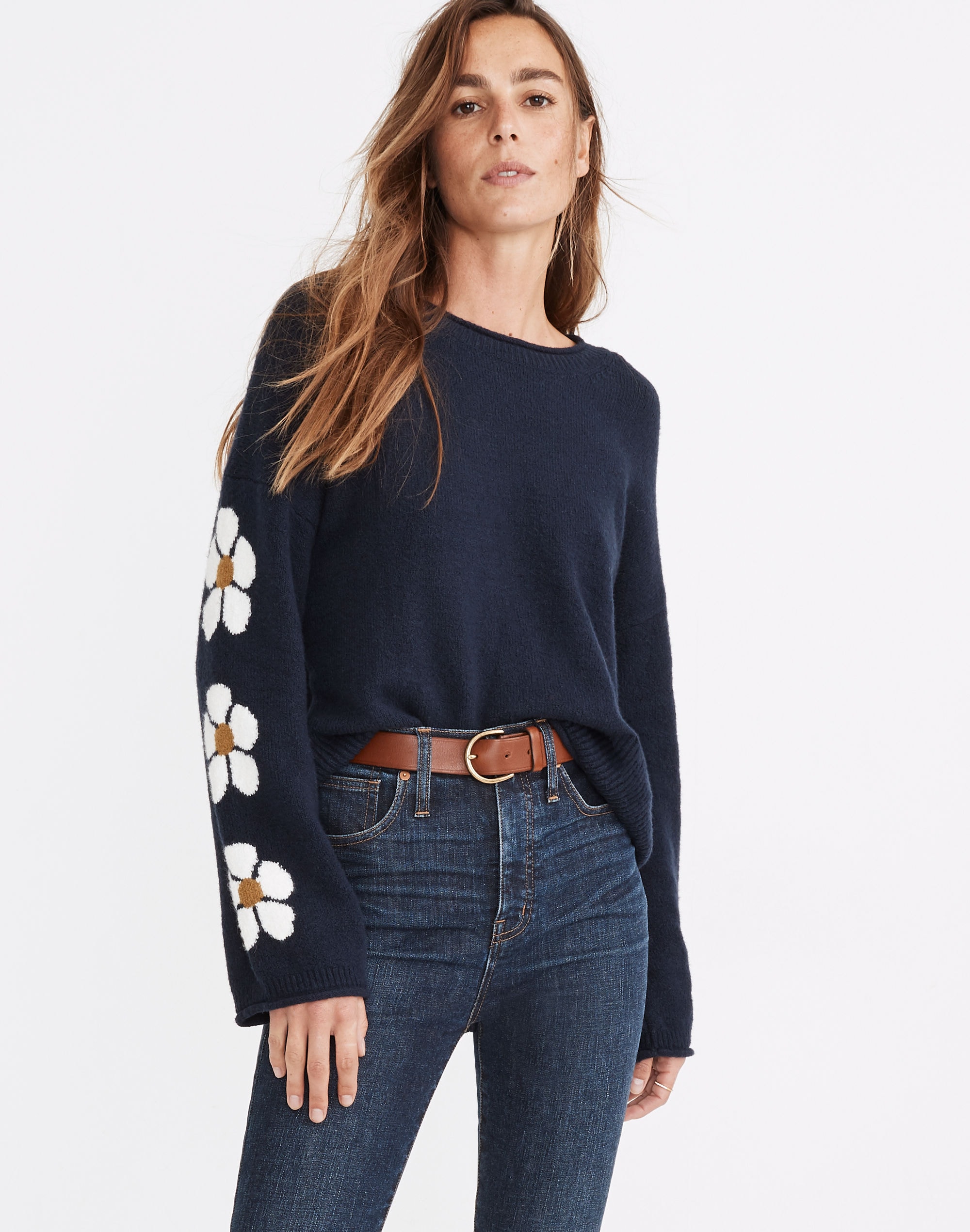 Belmore Floral-Sleeve Pullover Sweater in Coziest Textured Yarn