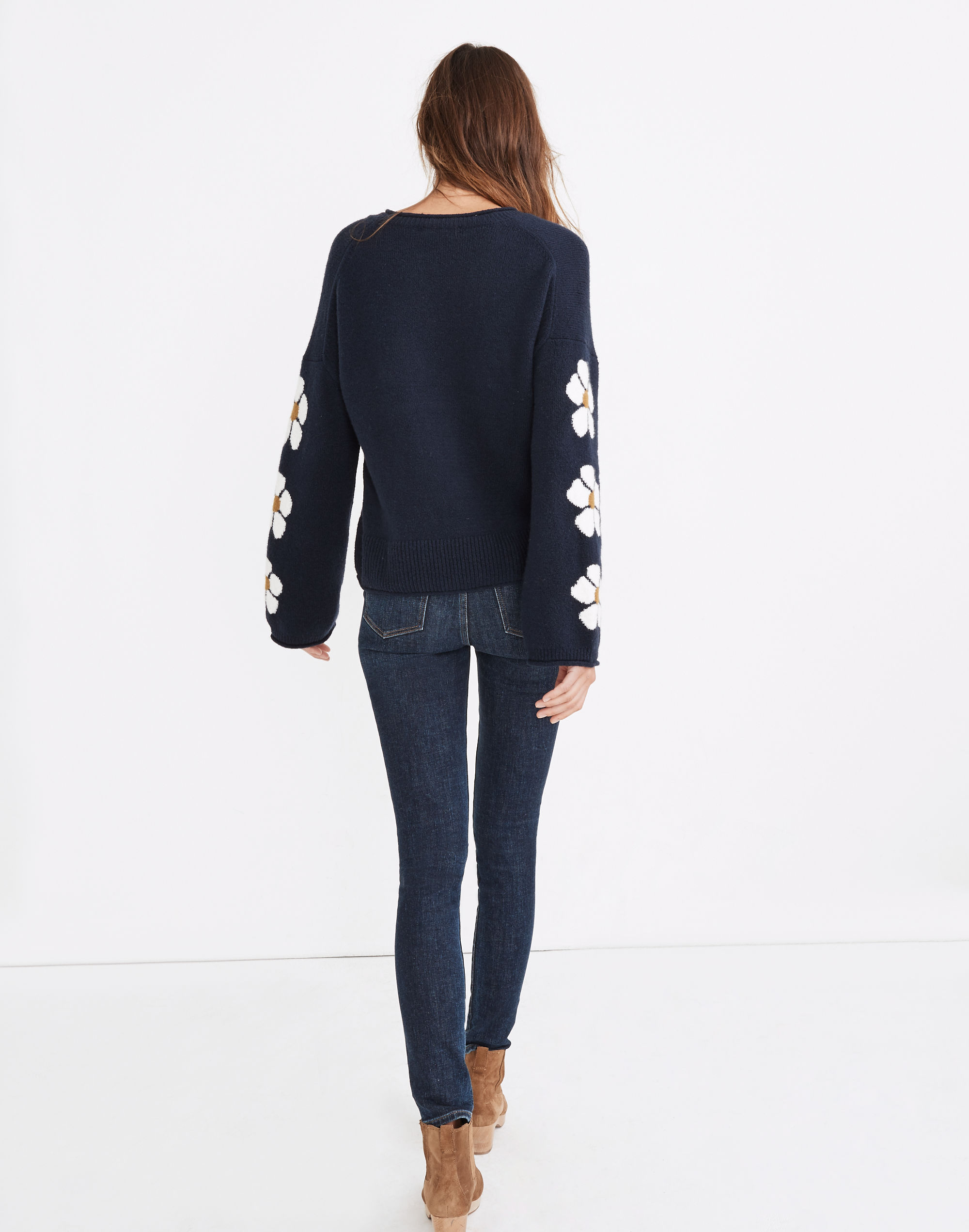 Belmore Floral-Sleeve Pullover Sweater in Coziest Textured Yarn
