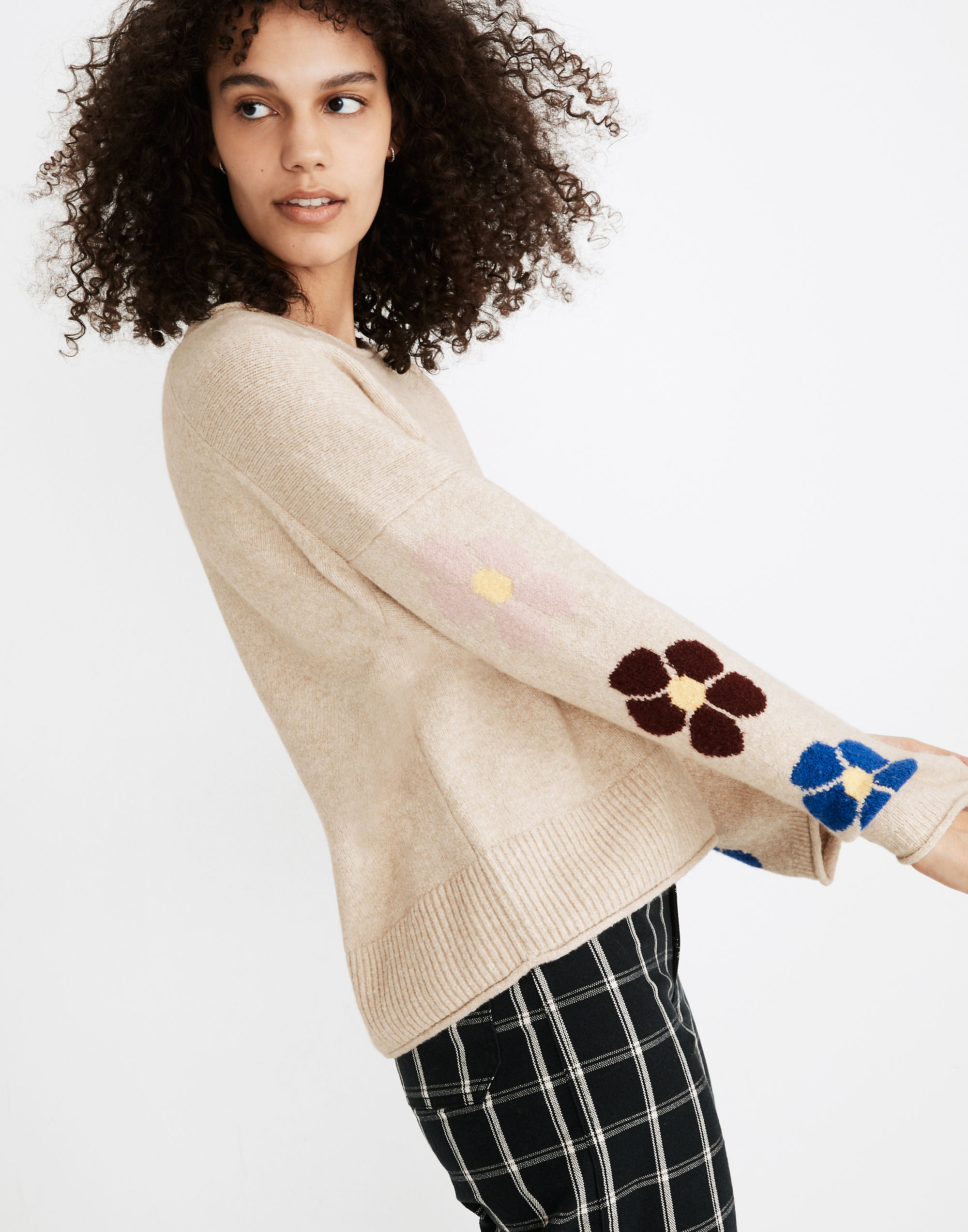 Belmore Floral-Sleeve Pullover Sweater in Coziest Textured Yarn