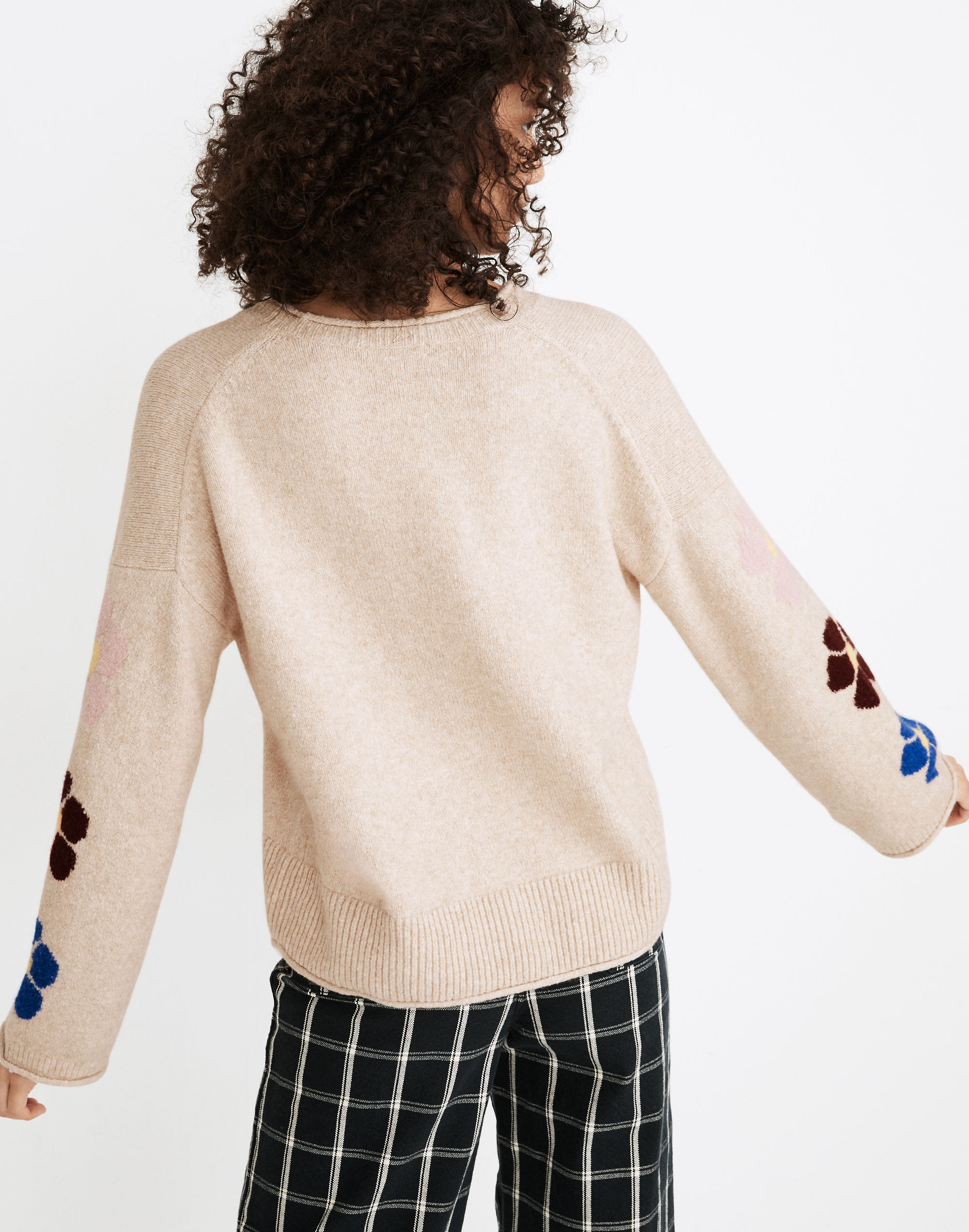 Belmore Floral-Sleeve Pullover Sweater in Coziest Textured Yarn