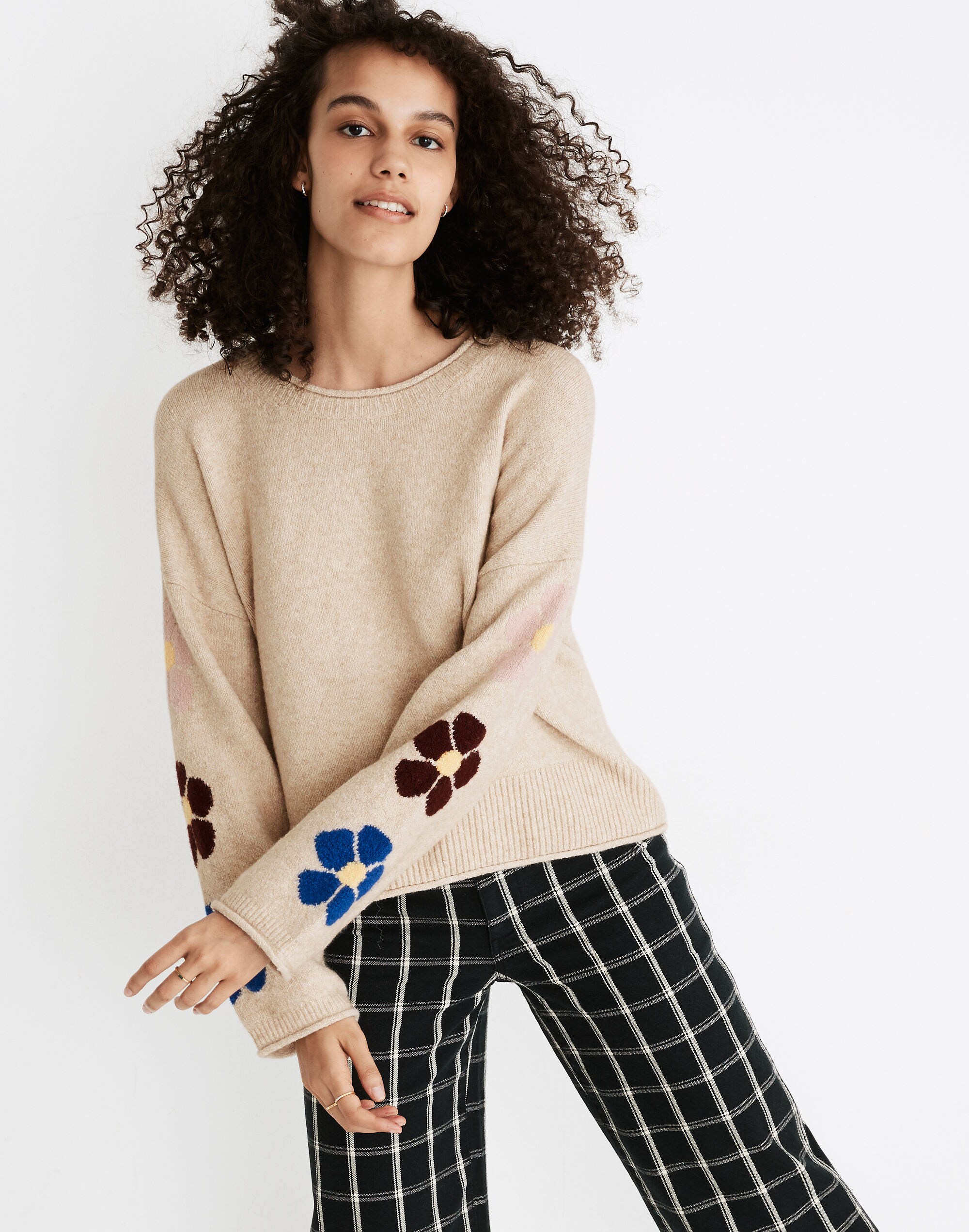 Belmore Floral-Sleeve Pullover Sweater in Coziest Textured Yarn