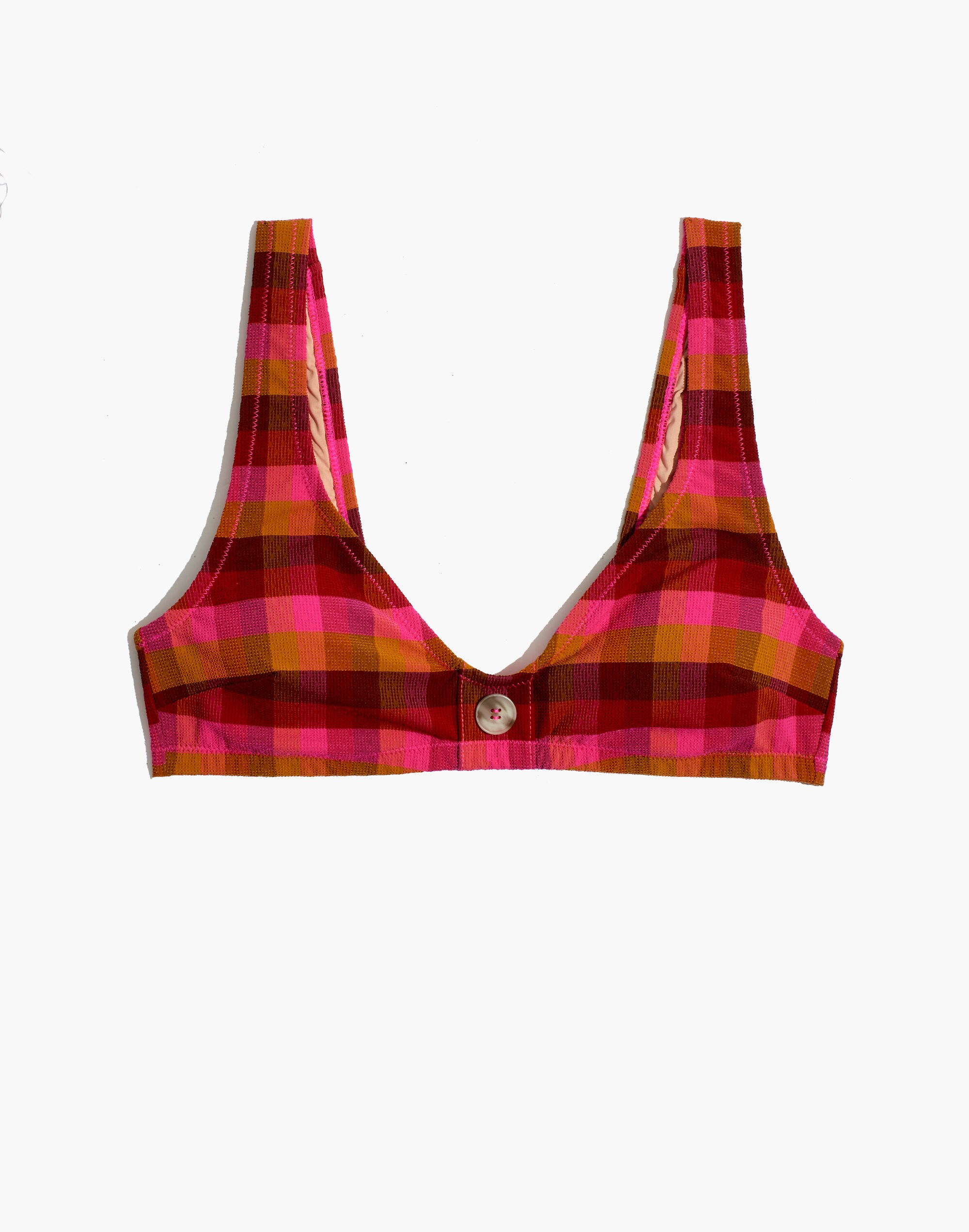 Madewell Second Wave Button-Front Bikini Top in Azalea Check
