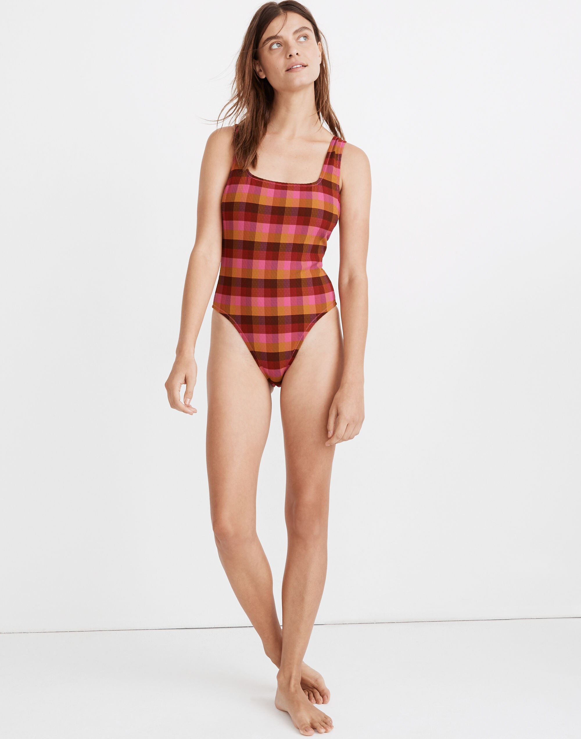 Madewell Second Wave Button-Back One-Piece Swimsuit in Azalea Check