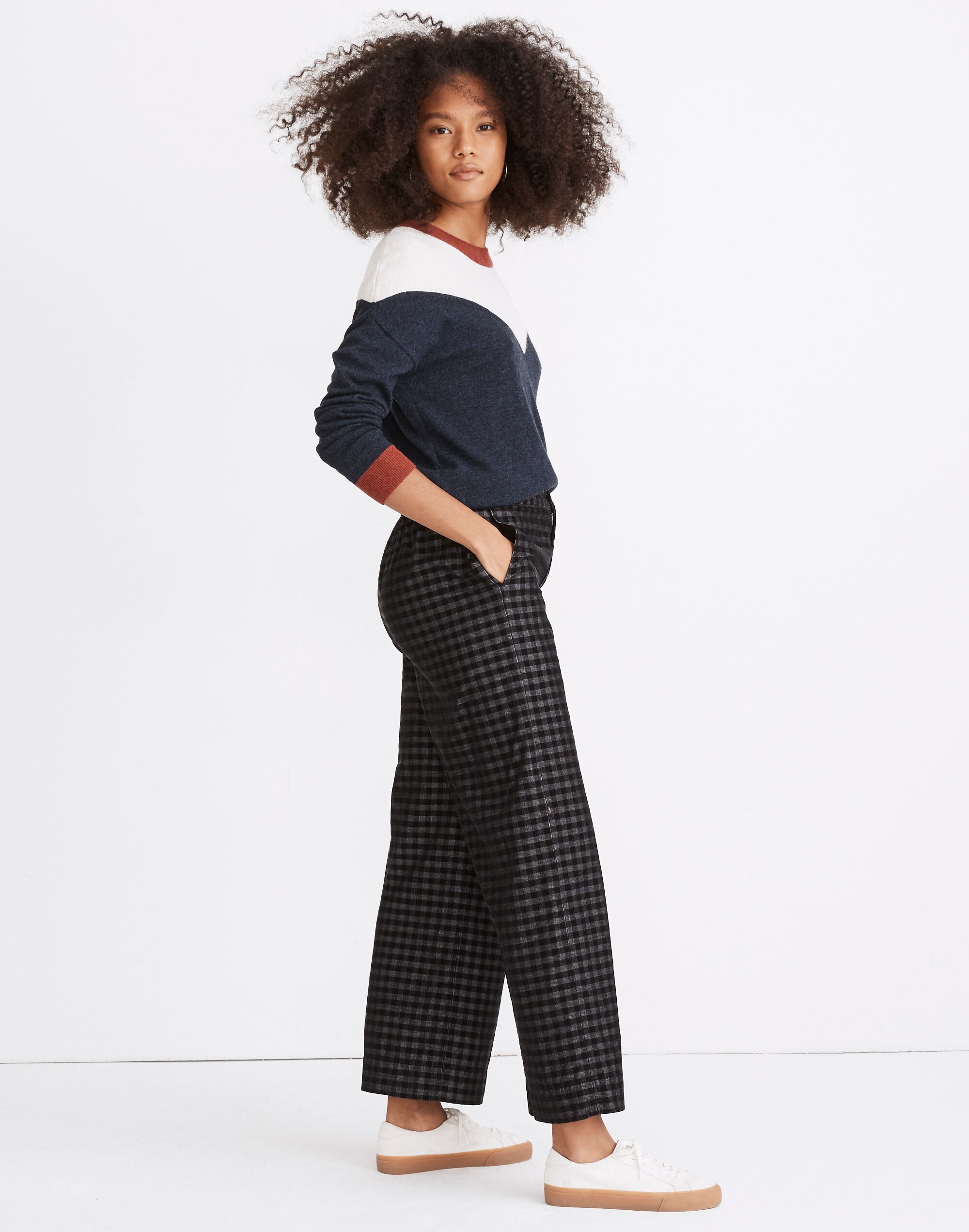 Huston Button-Front Ankle Pants in Checked Corduroy