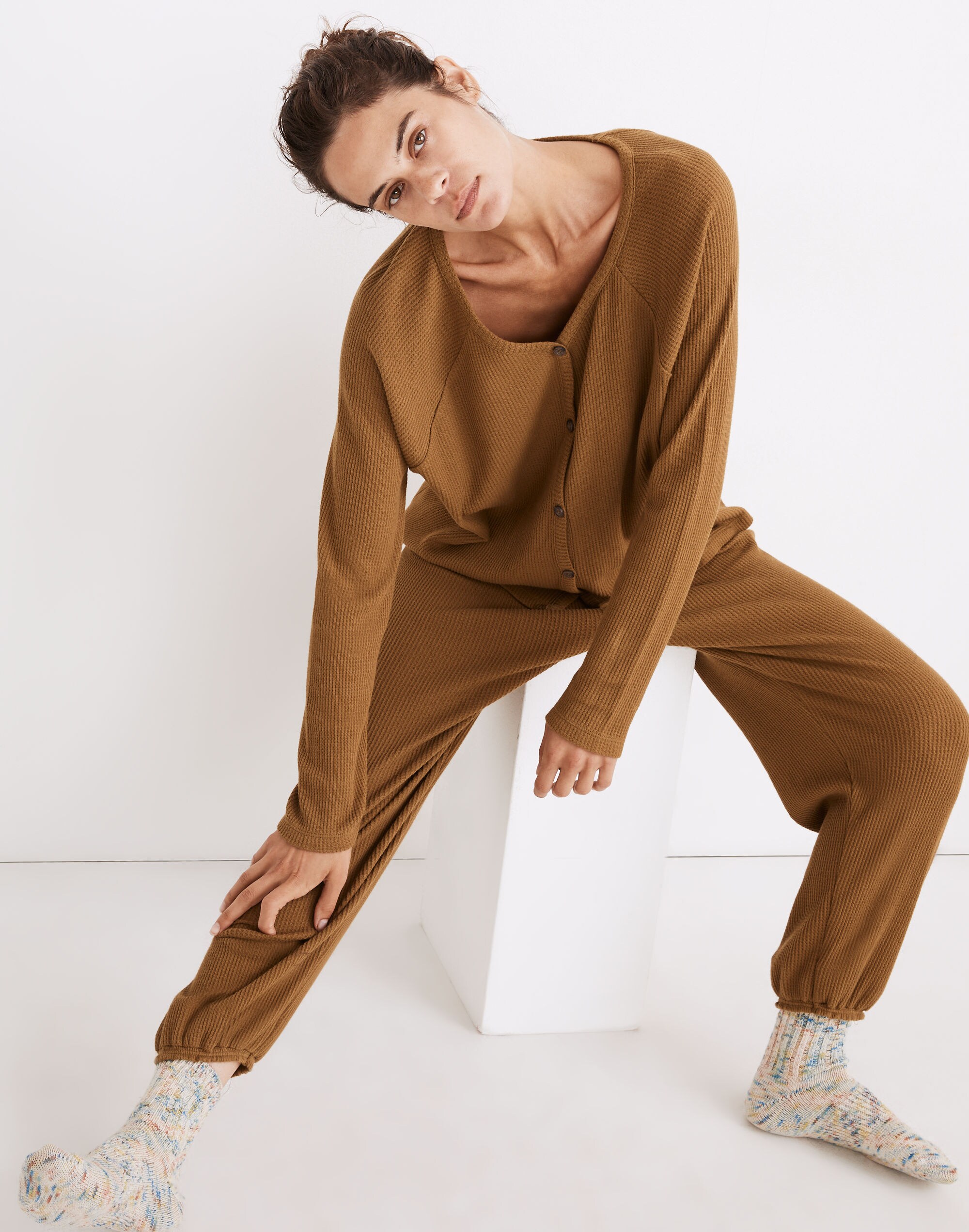 Waffle Knit Button-Front Pajama Top