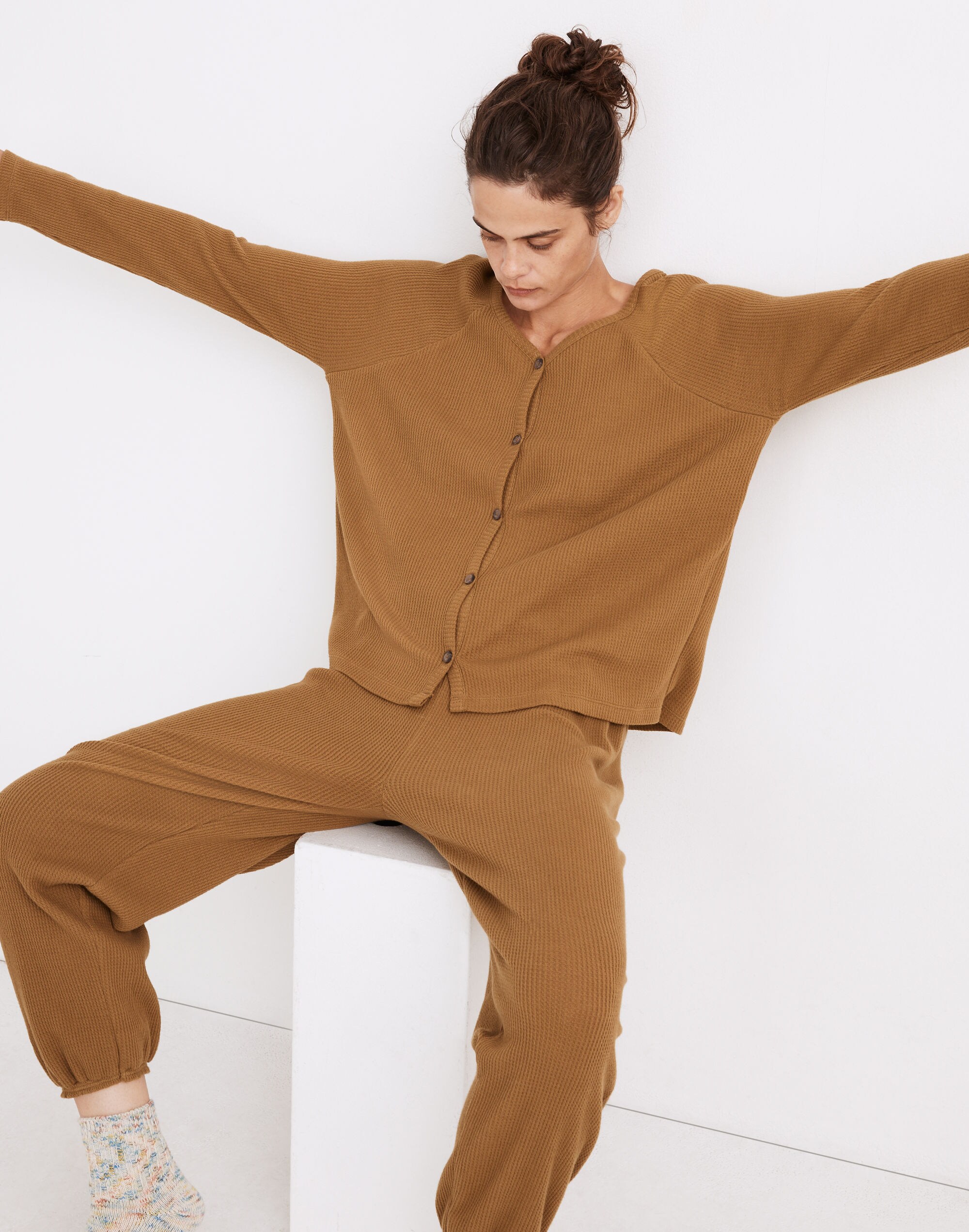 Waffle Knit Button-Front Pajama Top