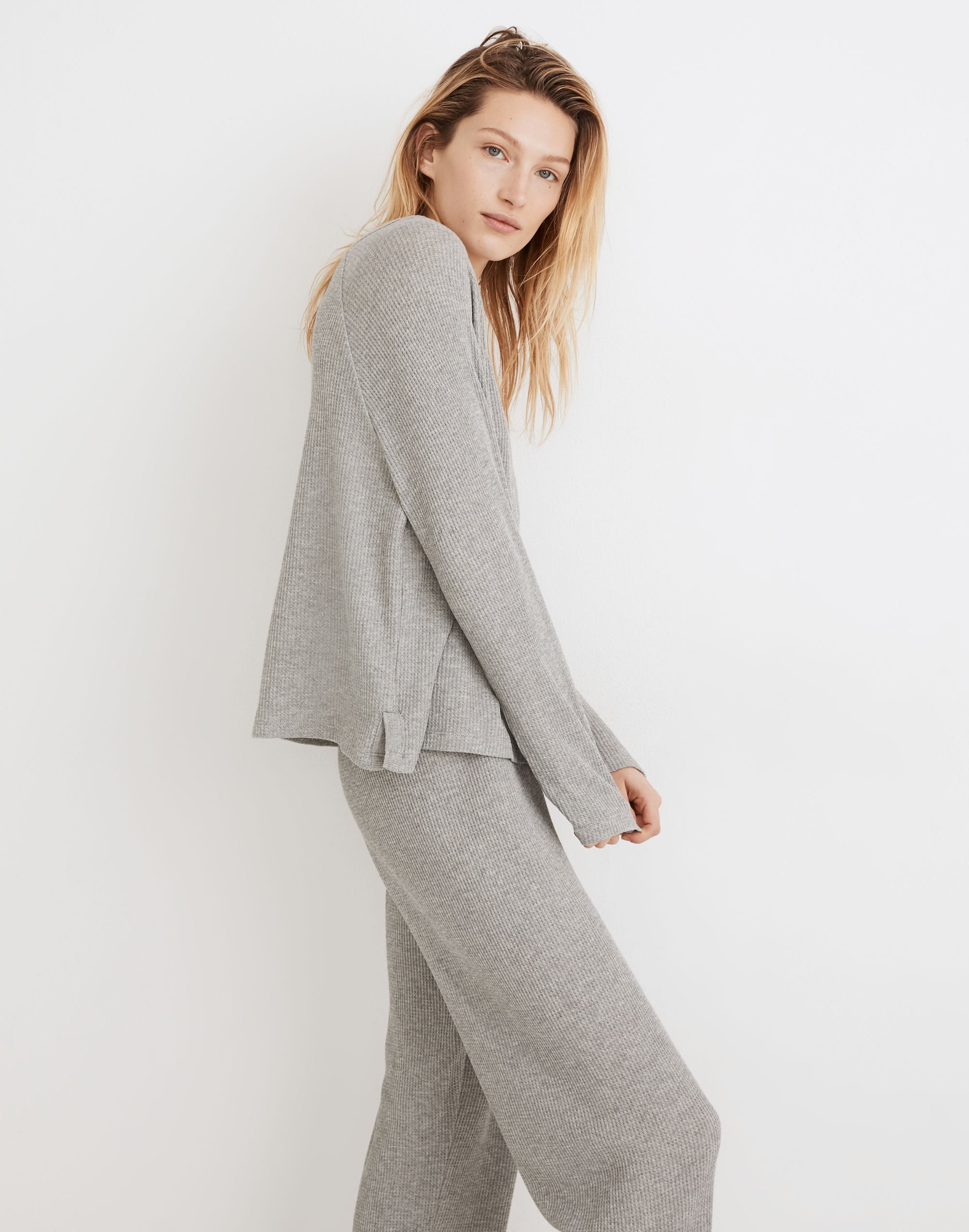 Waffle Knit Button-Front Pajama Top