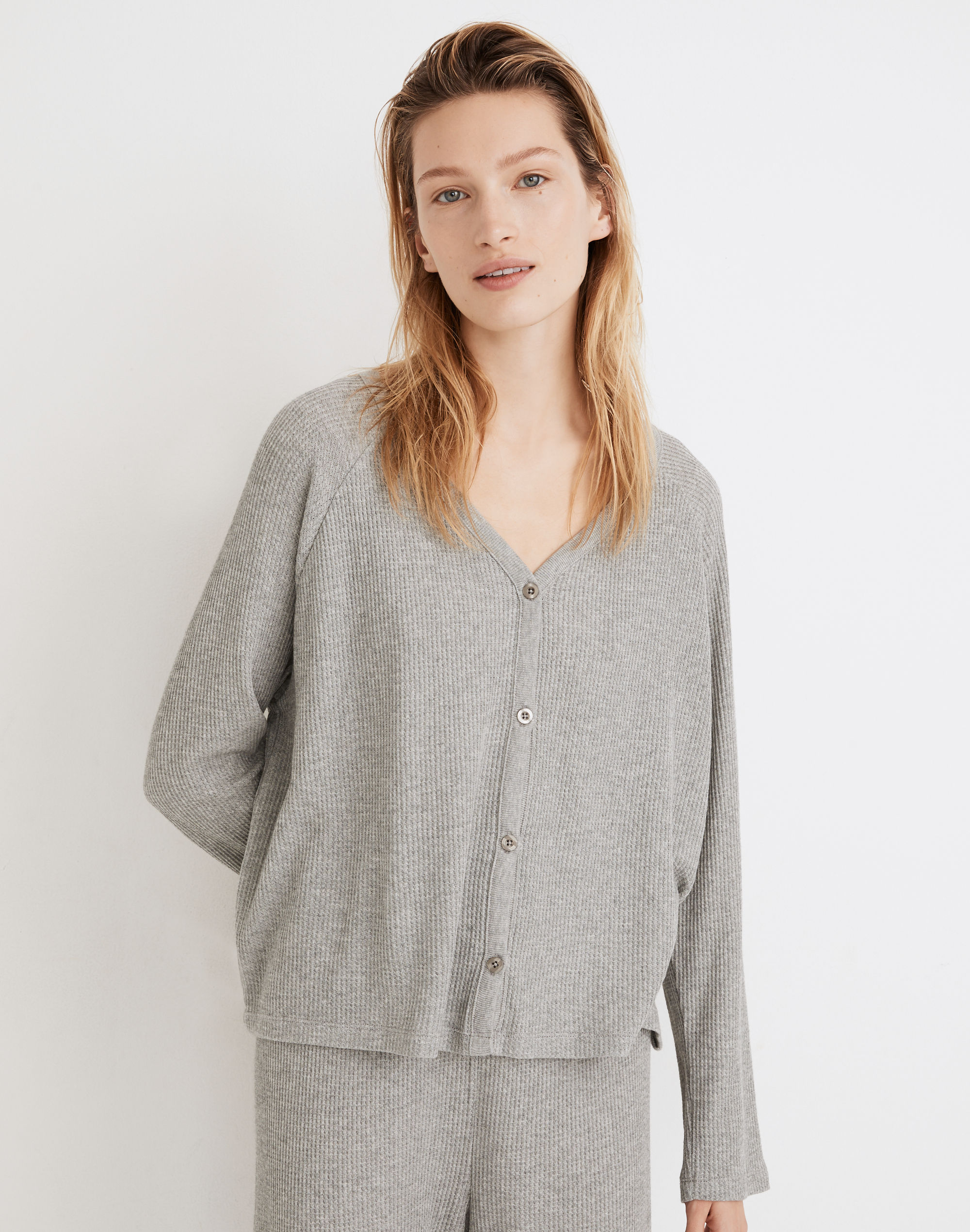 Waffle Knit Button-Front Pajama Top