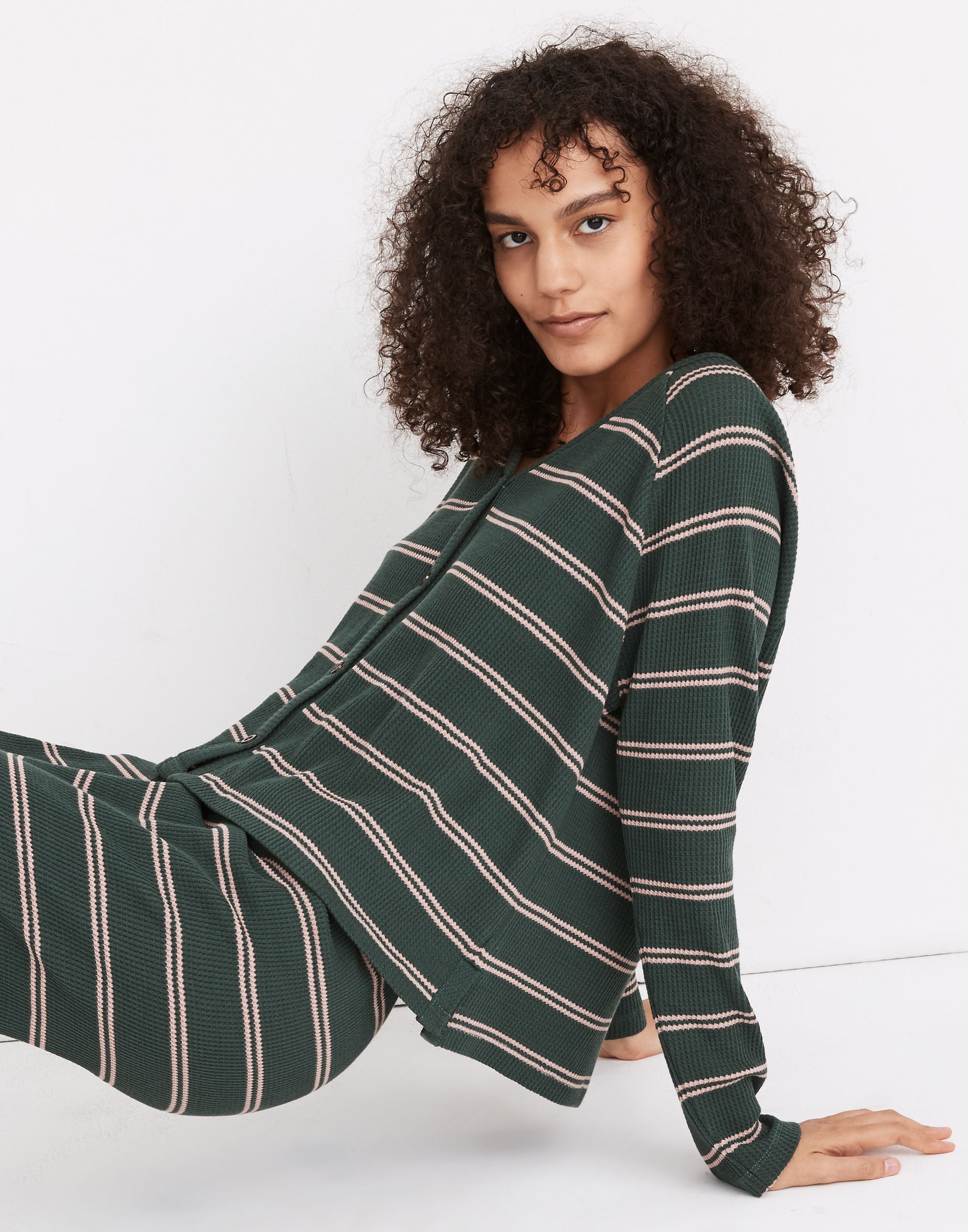 Striped Waffle Knit Button-Front Pajama Top
