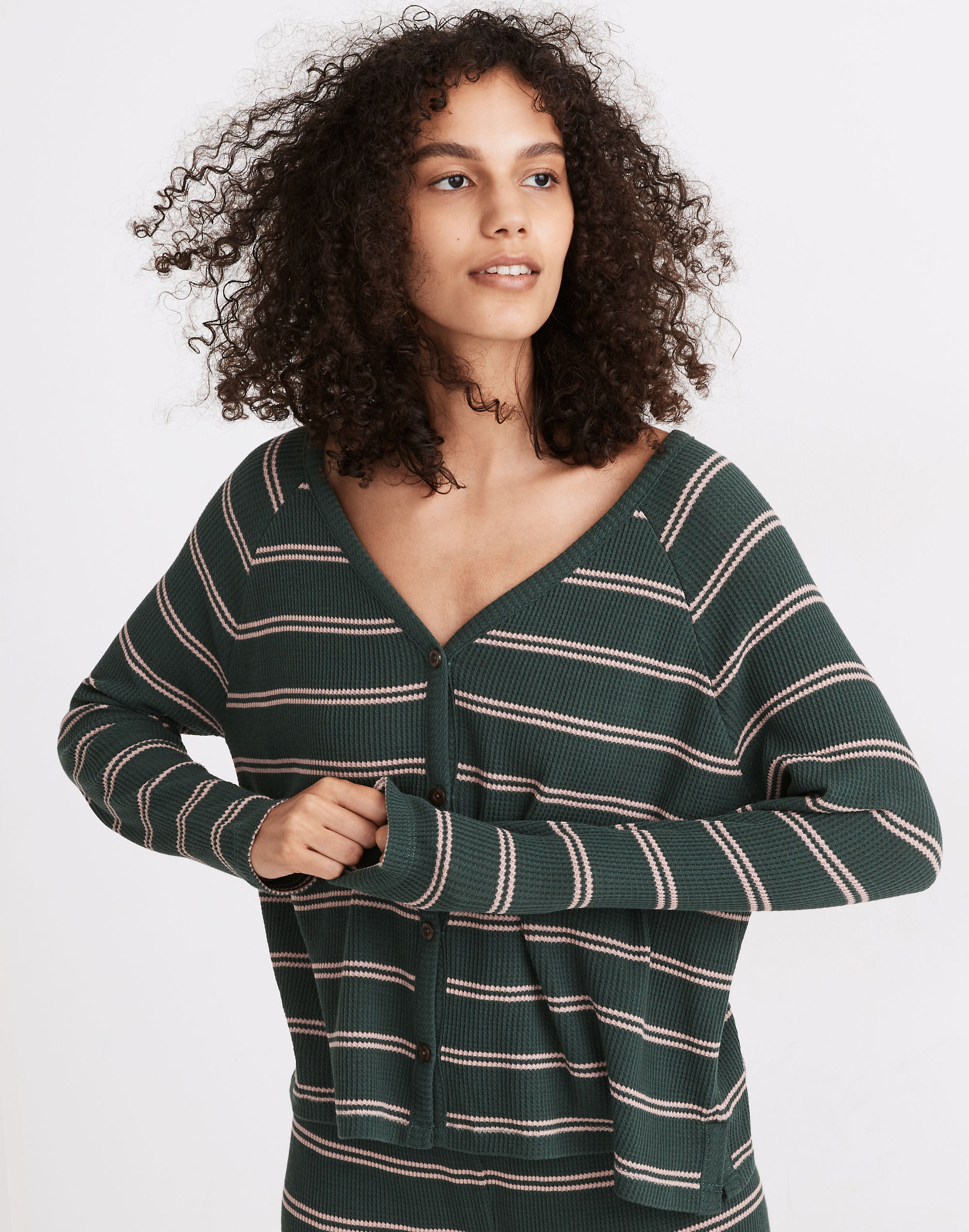 Striped Waffle Knit Button-Front Pajama Top