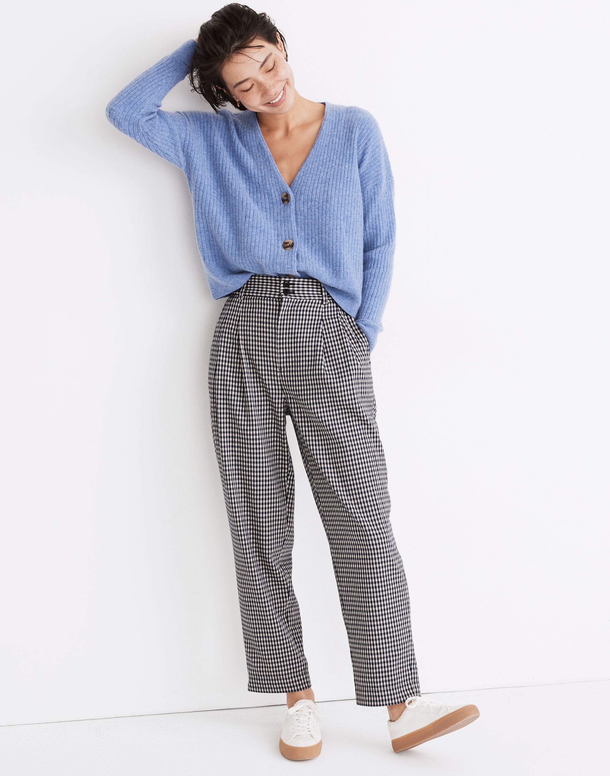 pleated taper wide-leg pants in houndstooth