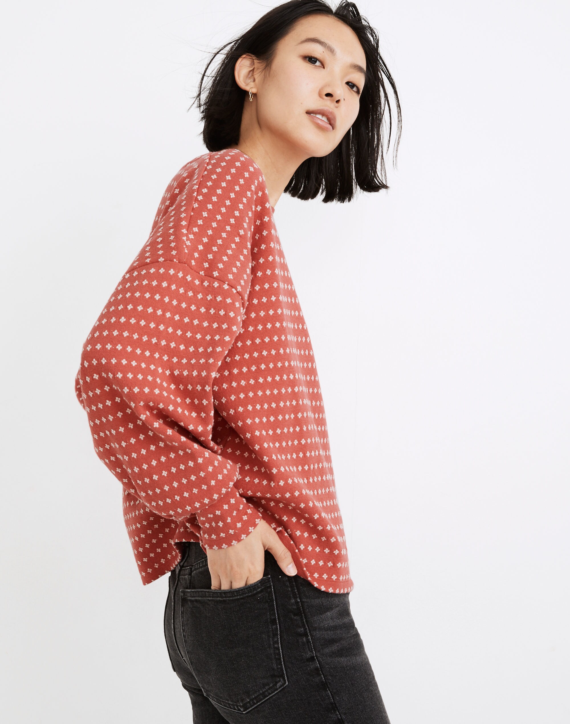 Floral Jacquard Puff-Sleeve Top