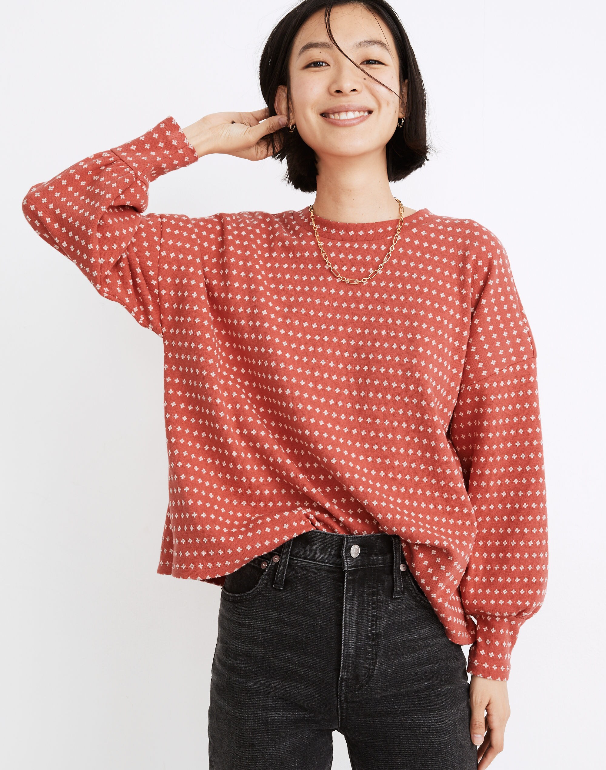 Floral Jacquard Puff-Sleeve Top