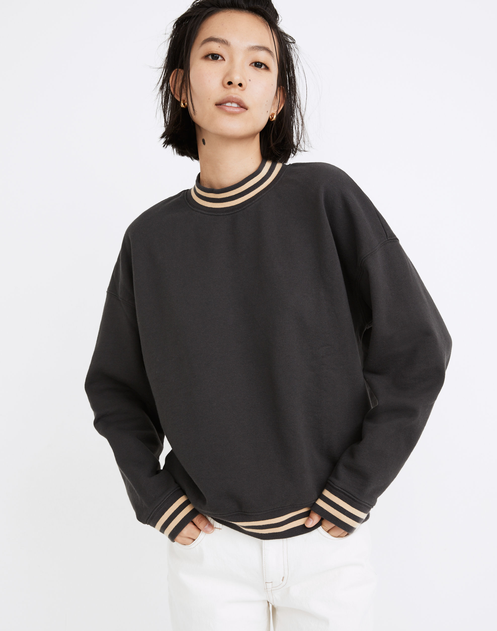 (Re)sourced Cotton Stripe-Trim Studio Mockneck Sweatshirt