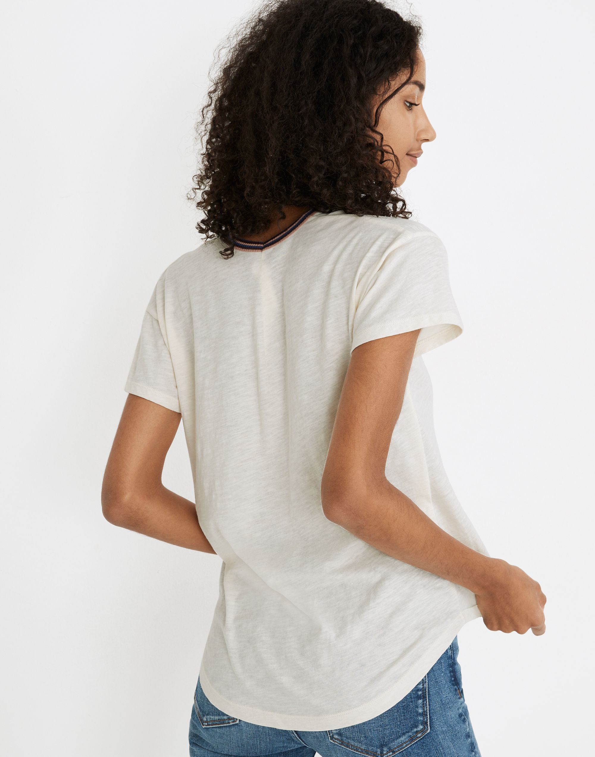 Whisper Cotton Striped Rib-Crewneck Ringer Tee