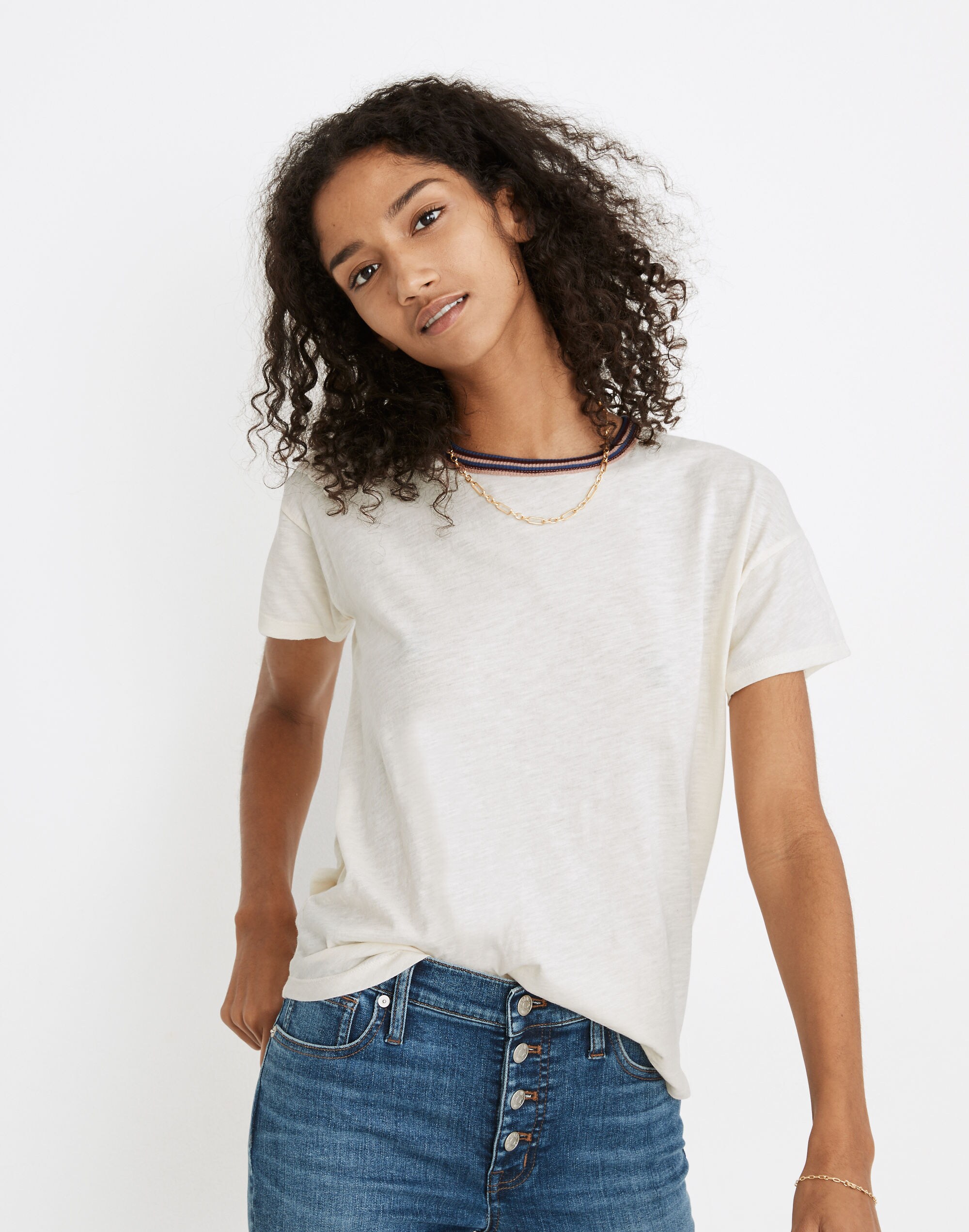 Whisper Cotton Striped Rib-Crewneck Ringer Tee