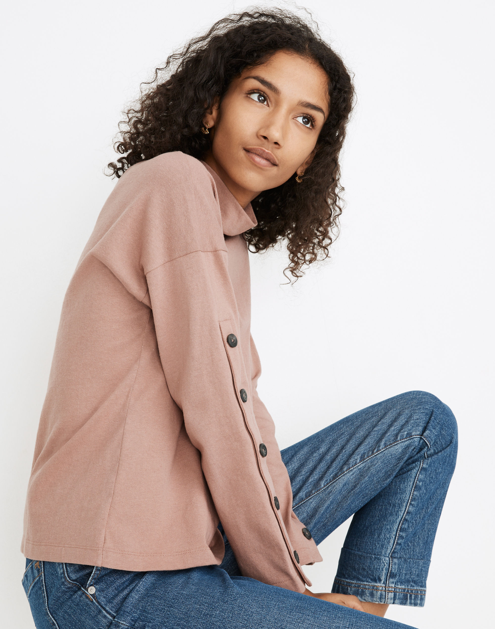 Button-Sleeve Turtleneck Top