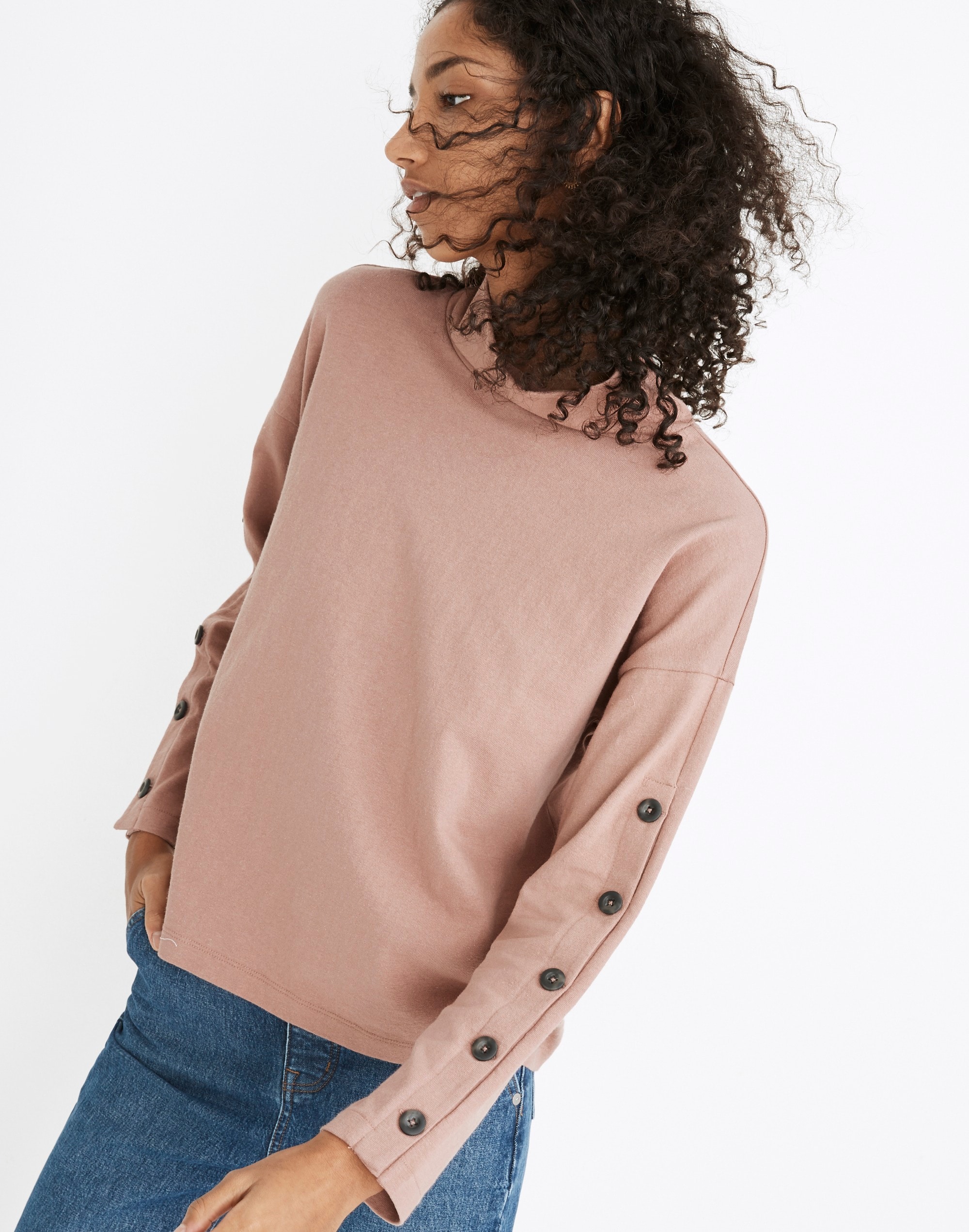 Button-Sleeve Turtleneck Top