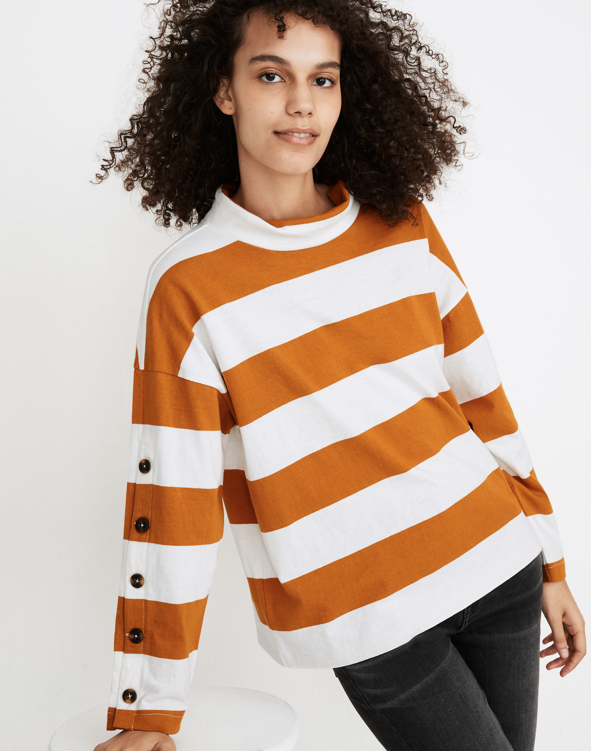 Striped Button-Sleeve Turtleneck Top