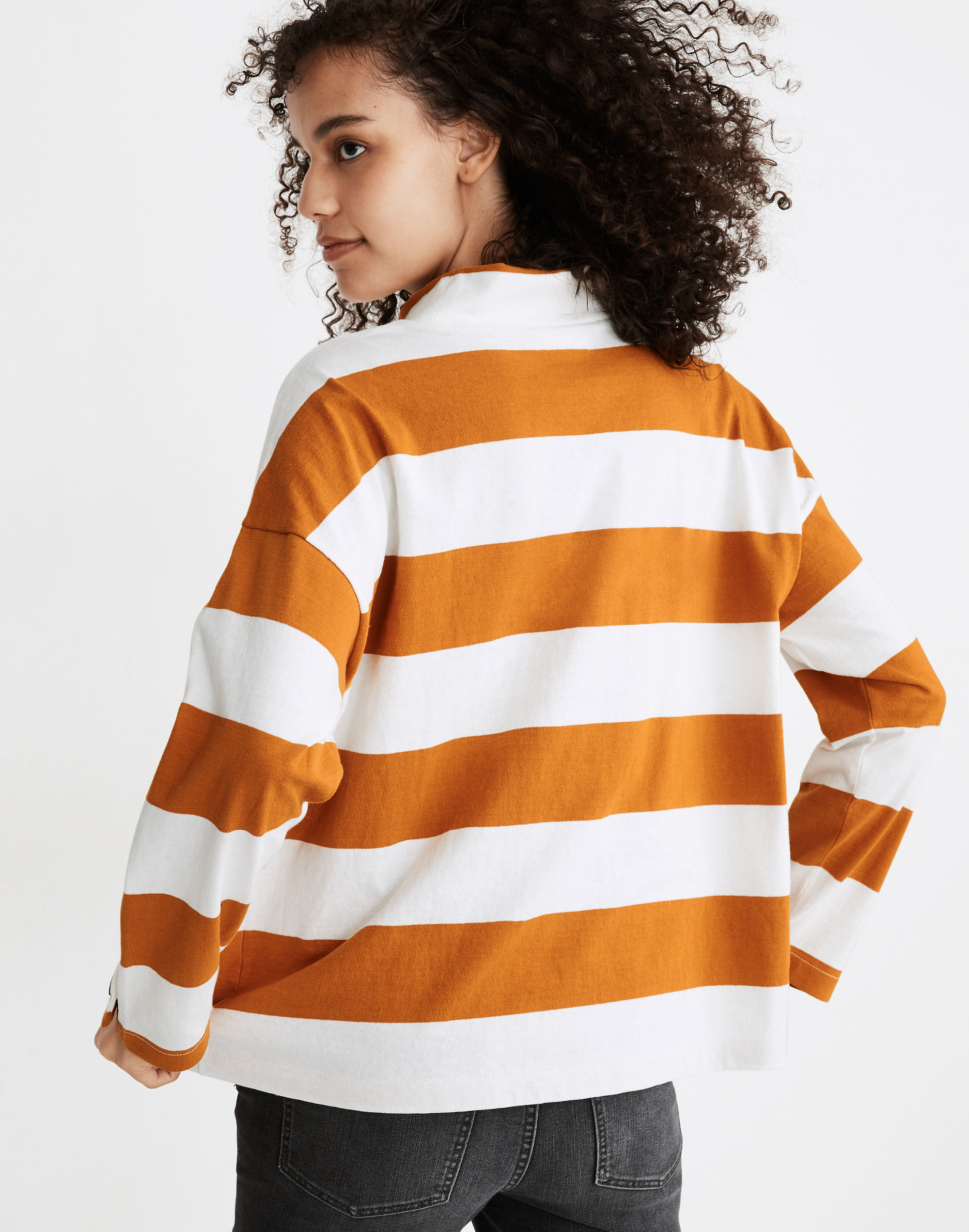 Striped Button-Sleeve Turtleneck Top