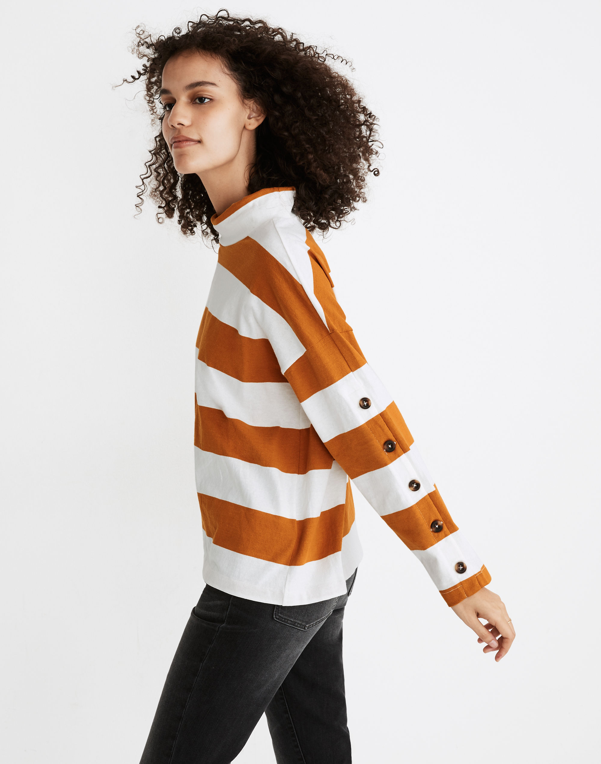 Striped Button-Sleeve Turtleneck Top