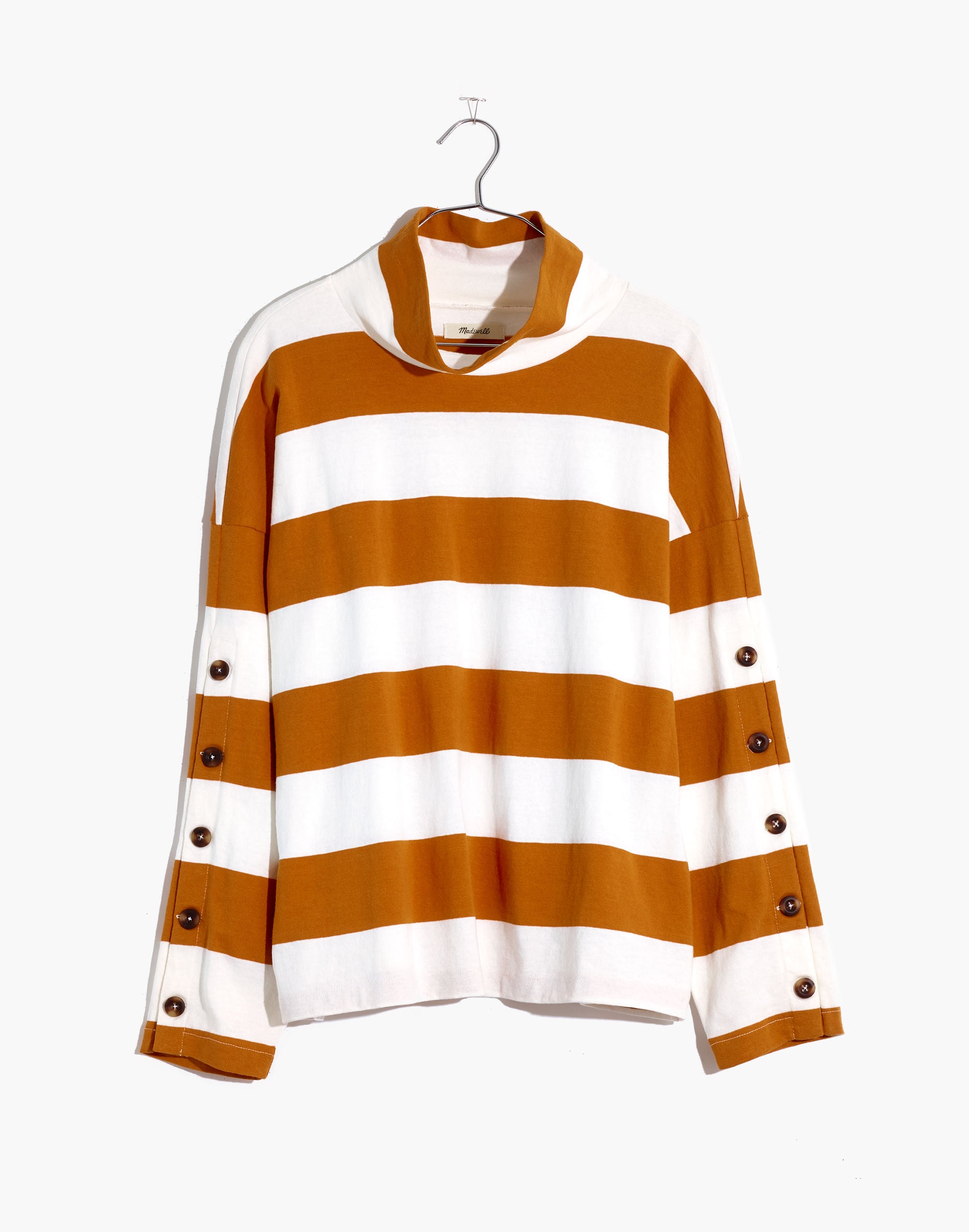 Striped Button-Sleeve Turtleneck Top
