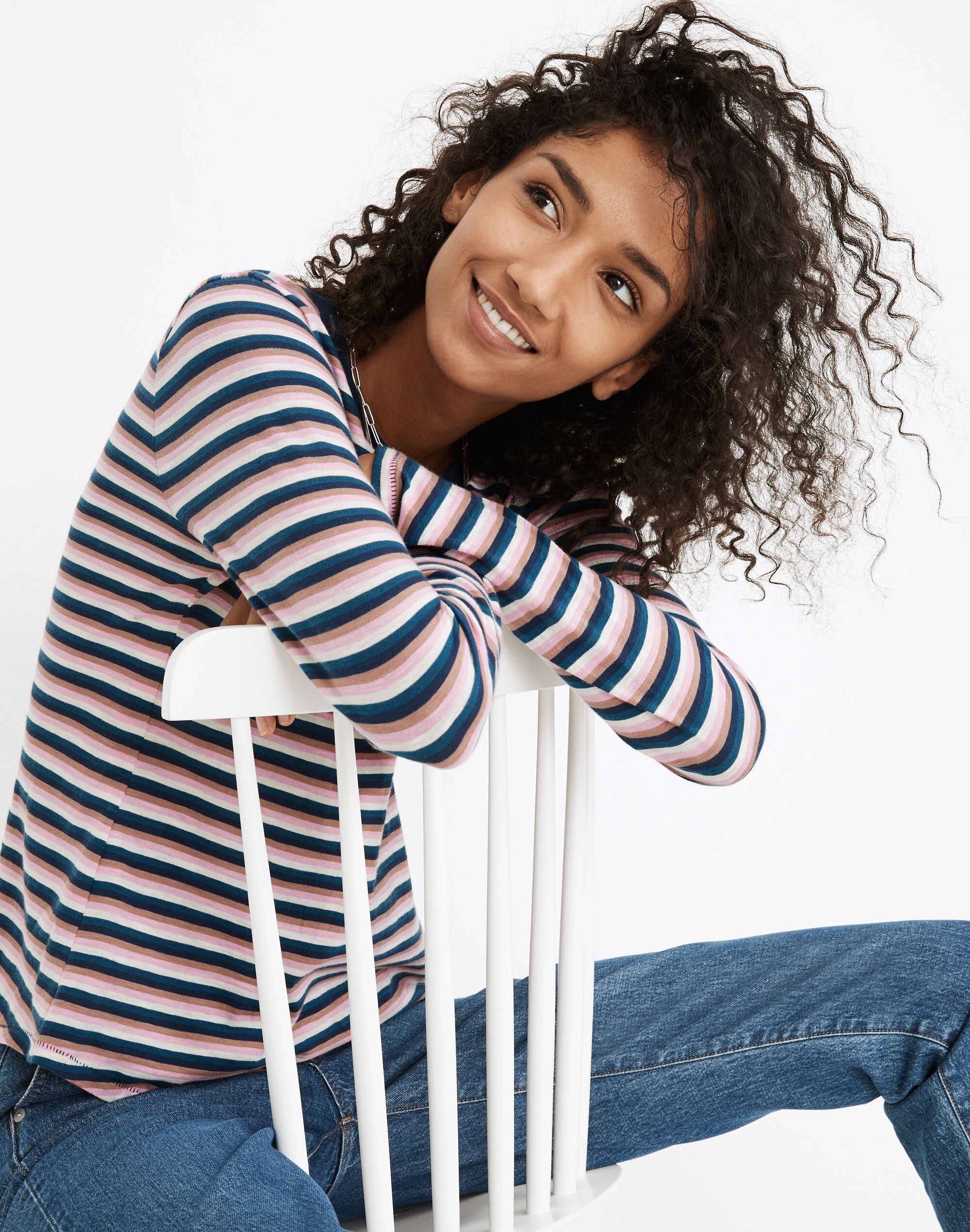 Whisper Cotton Rib-Crewneck Long-Sleeve Tee in Jessica Stripe