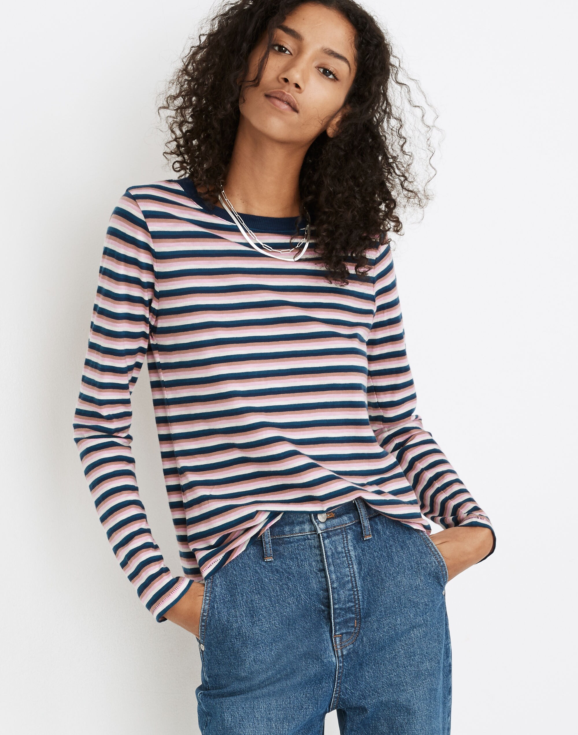 Whisper Cotton Rib-Crewneck Long-Sleeve Tee in Jessica Stripe