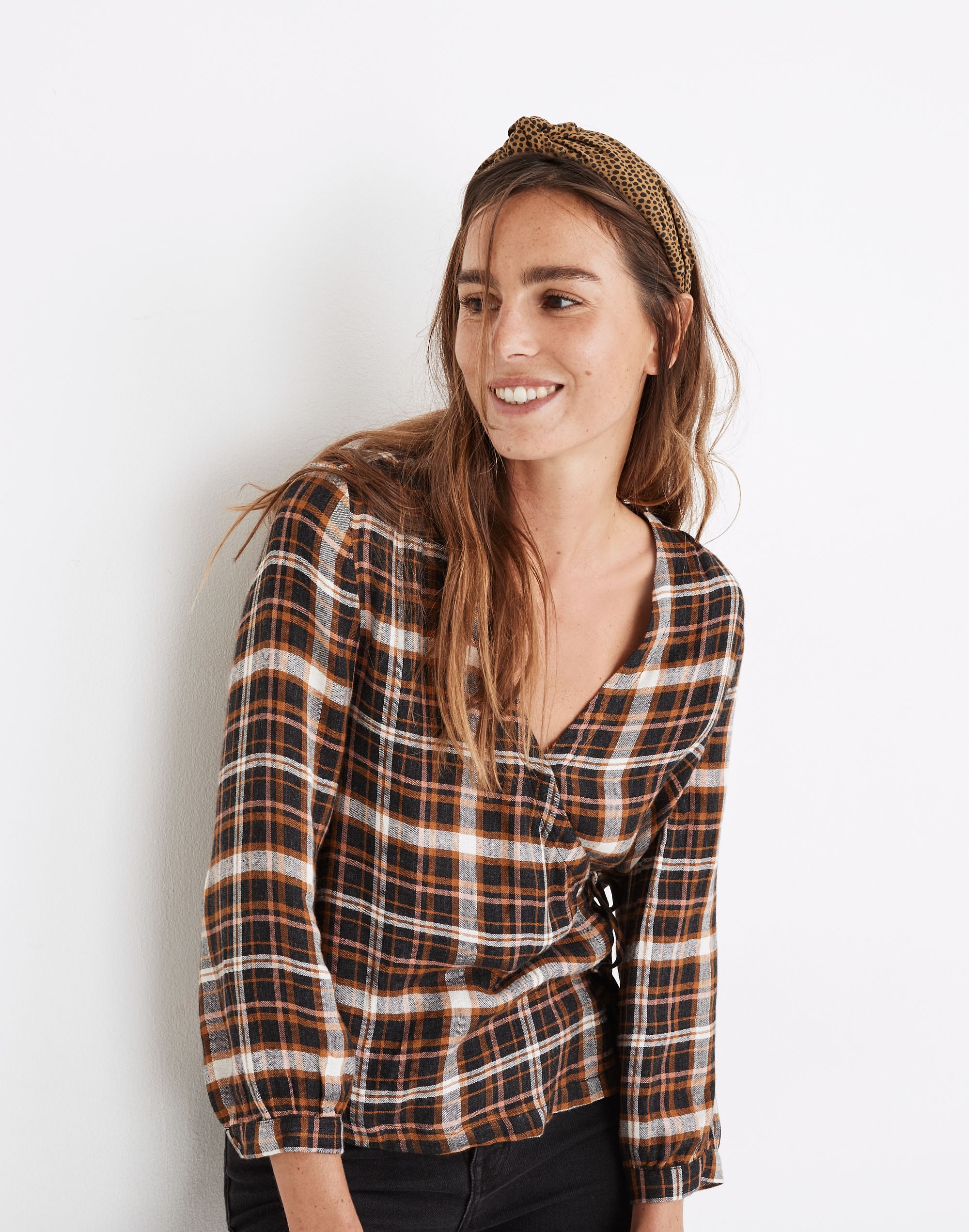 Plaid Gauze Double-Tie Wrap Top