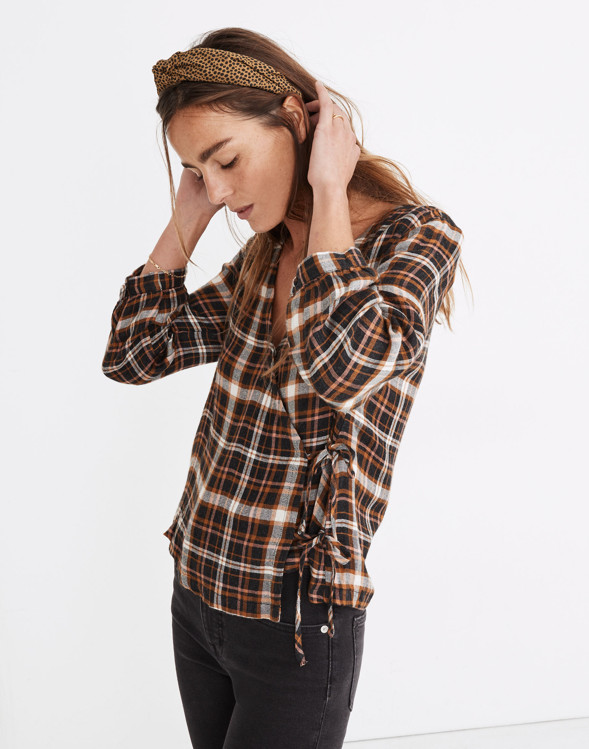 plaid gauze double-tie wrap top