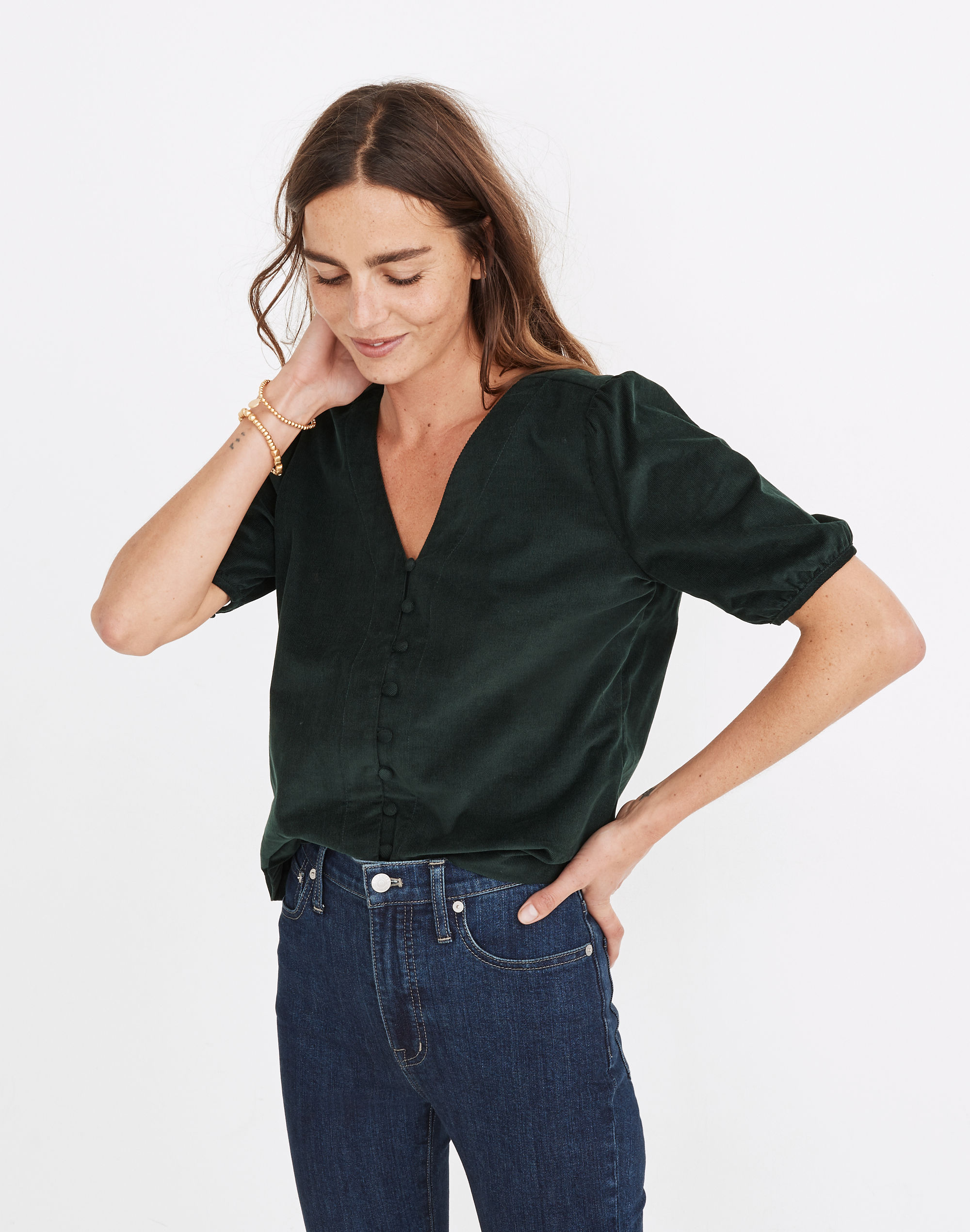 Corduroy Puff-Sleeve Button-Front Top