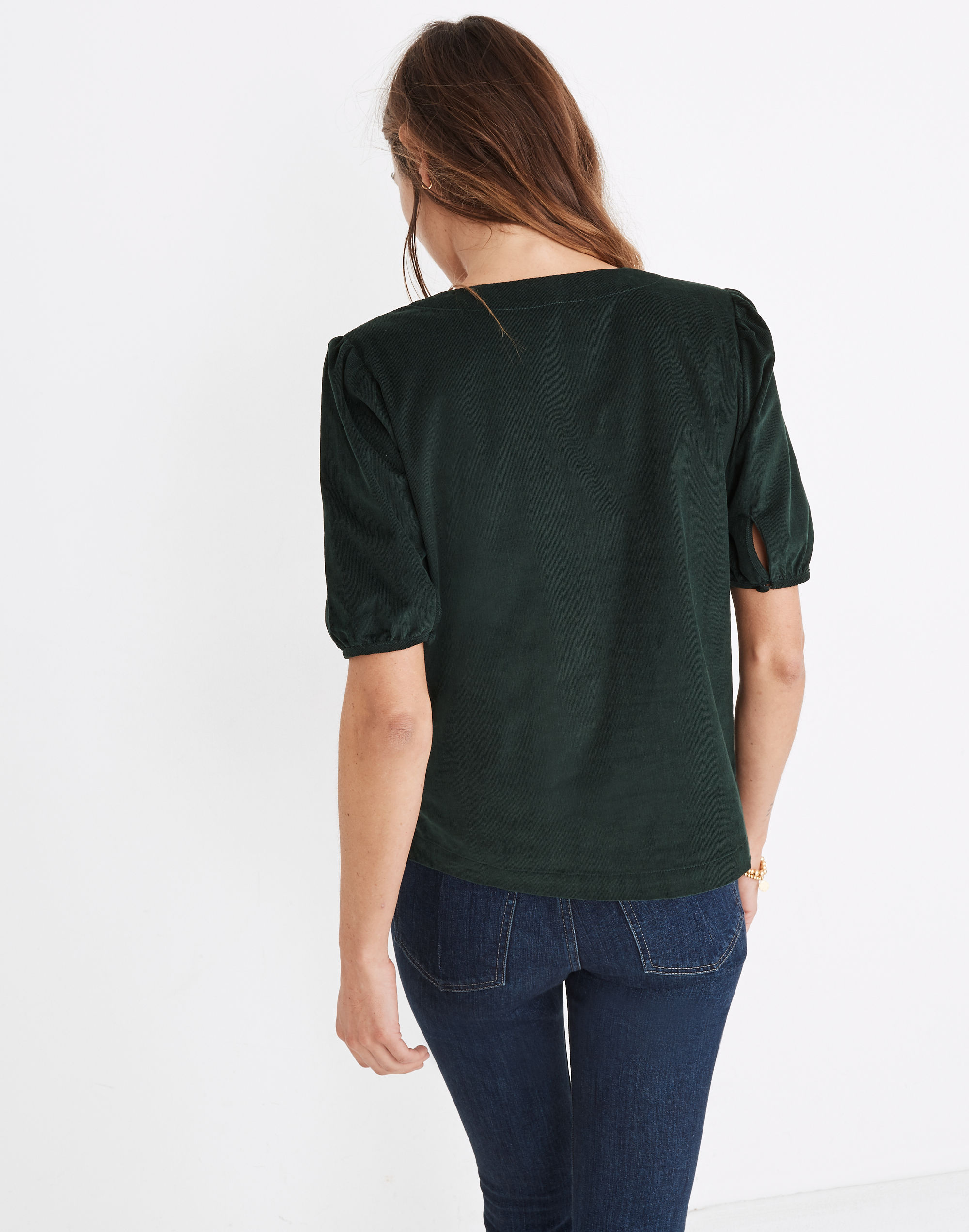 Corduroy Puff-Sleeve Button-Front Top