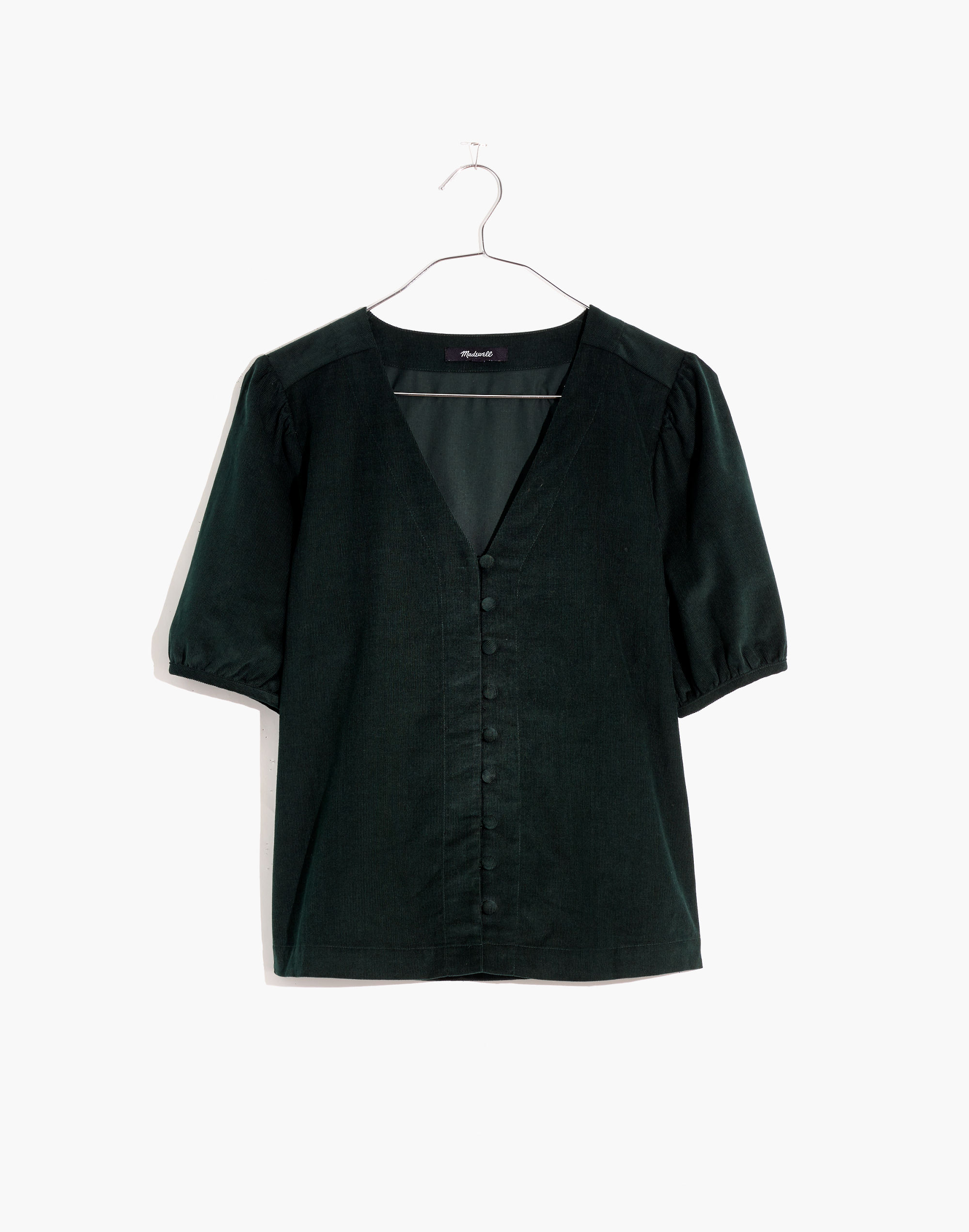 Corduroy Puff-Sleeve Button-Front Top