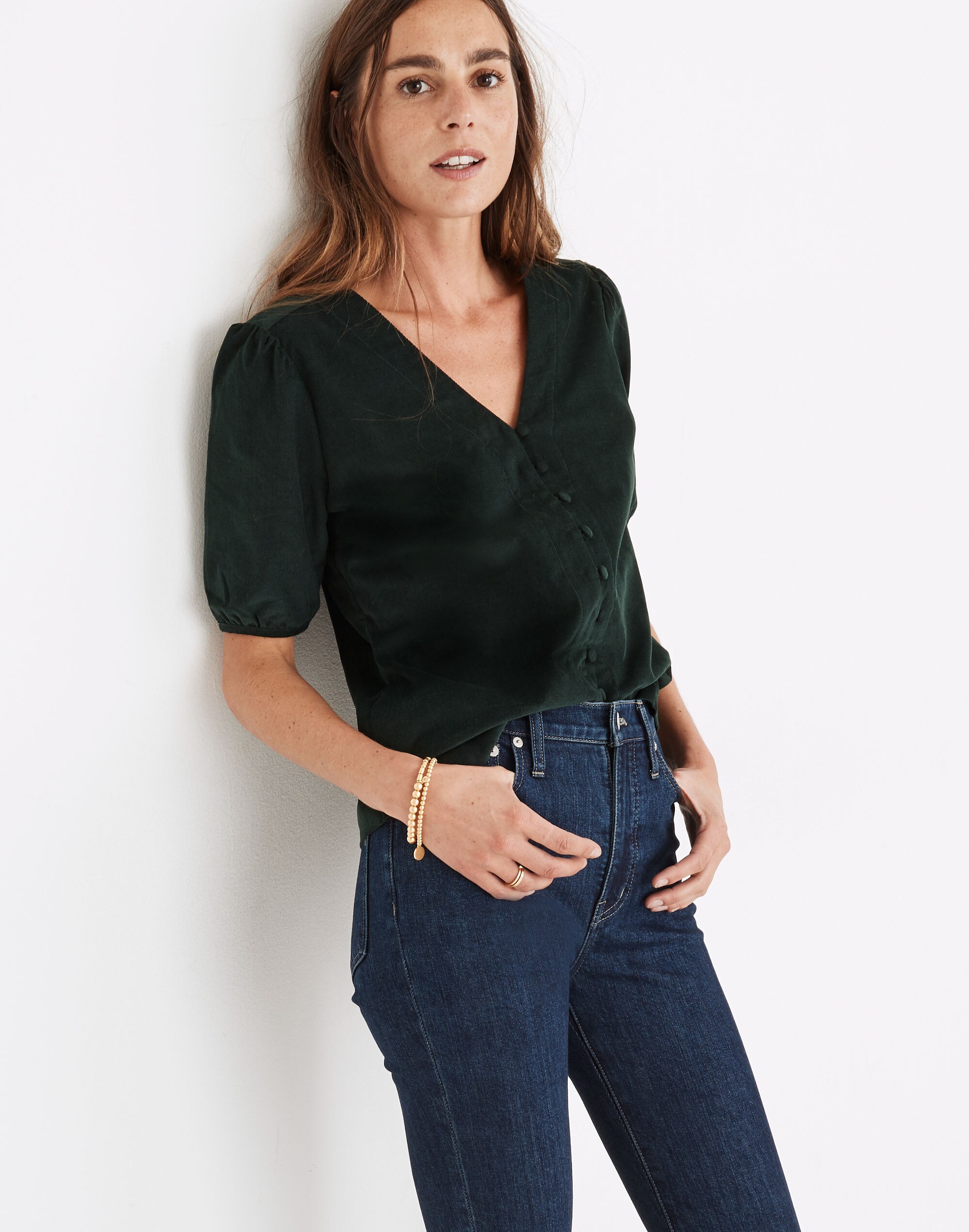 Corduroy Puff-Sleeve Button-Front Top